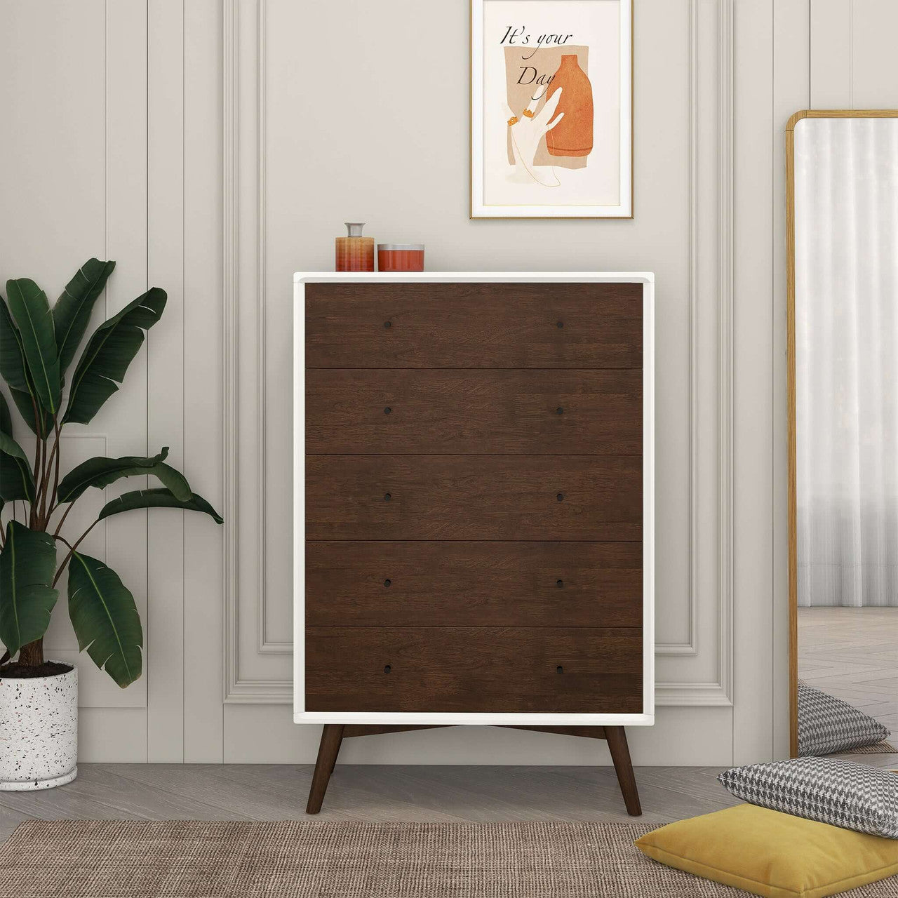 Caroline Mid Century Modern Solid Wood White Dresser 5-Drawer| Zin Home zinhome Caroline Mid Century Modern Solid Wood White Dresser 5-Drawer| Zin Home zinhome
