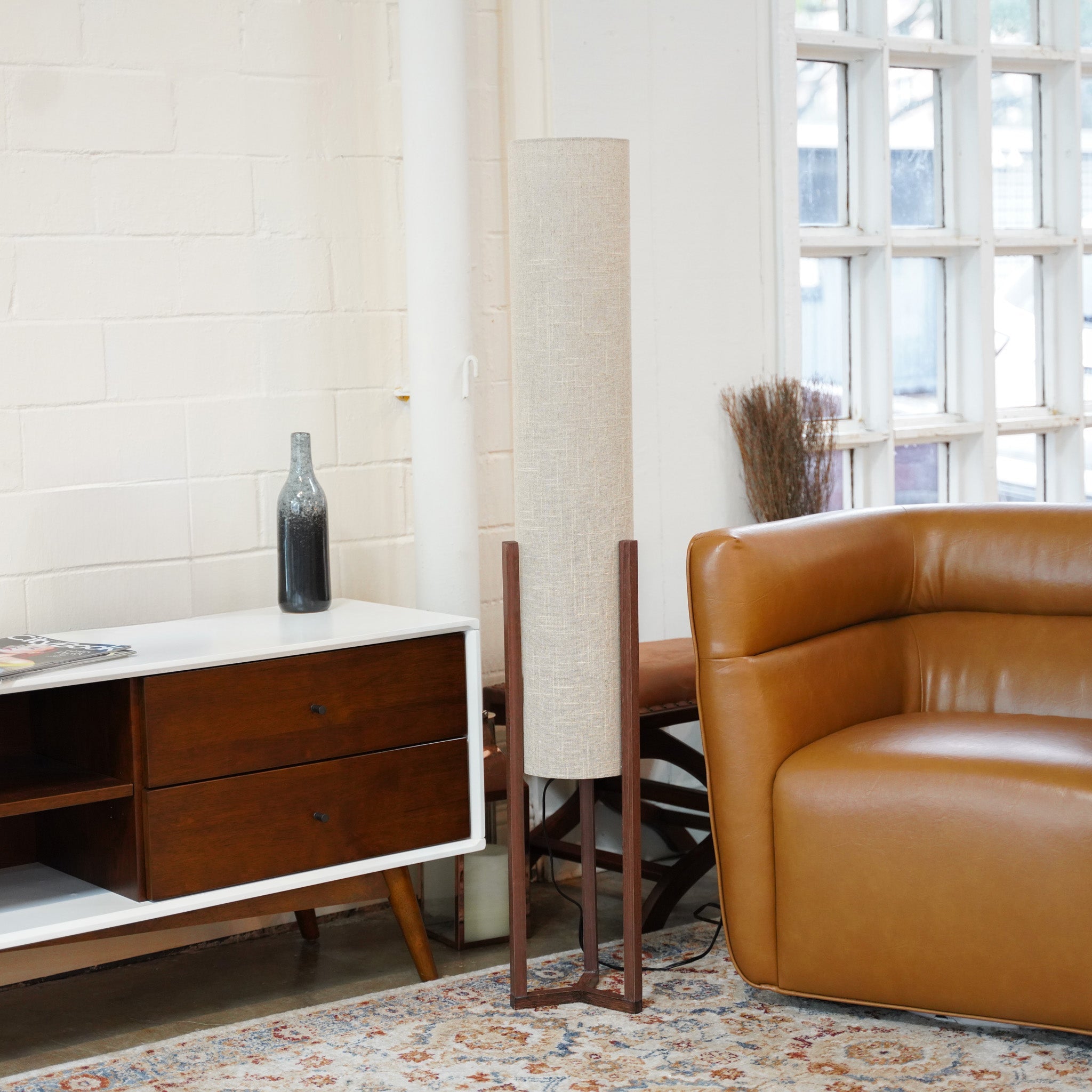 Pharos Contemporary Cylinder Floor Lamp with Brown Wood Base