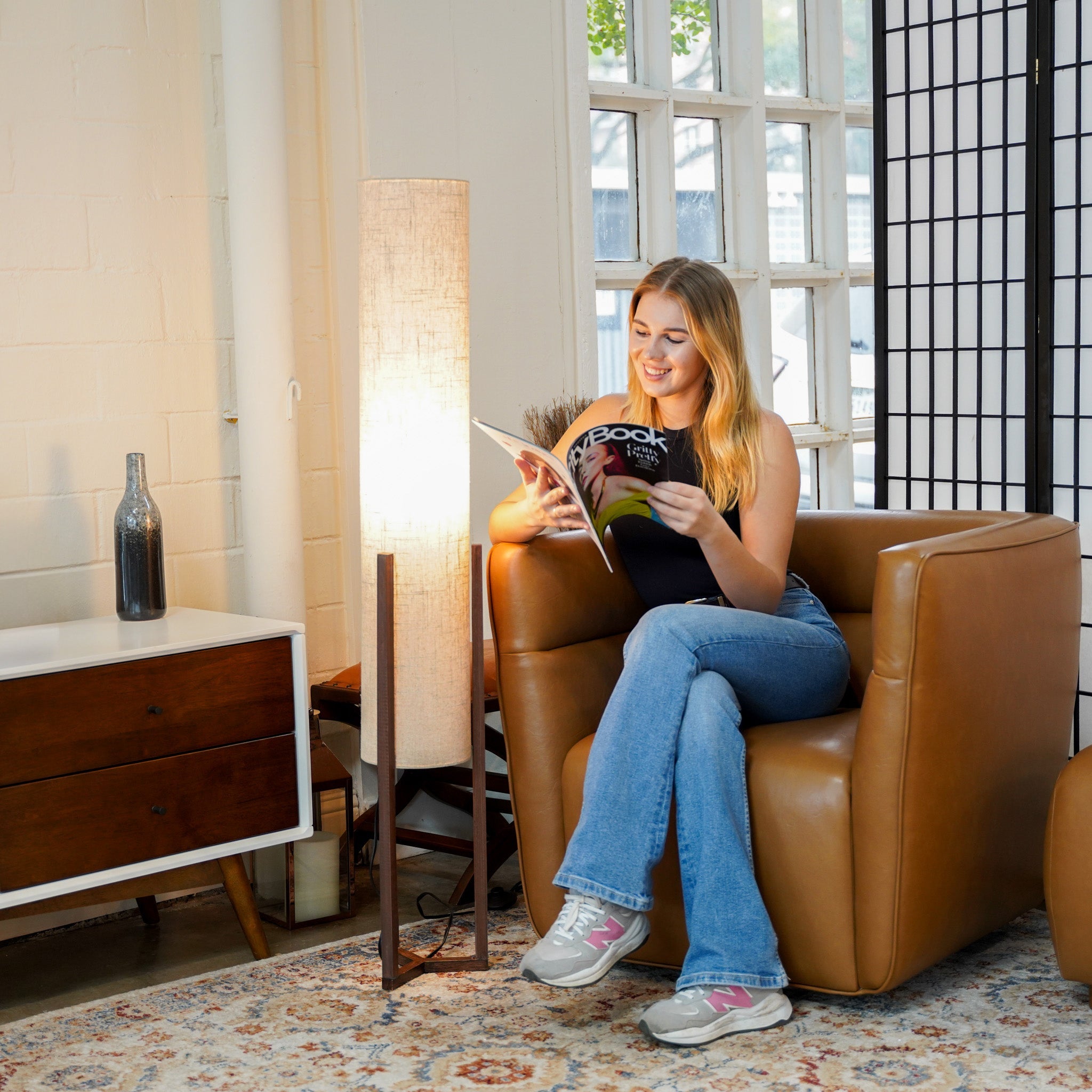 Pharos Contemporary Cylinder Floor Lamp with Brown Wood Base