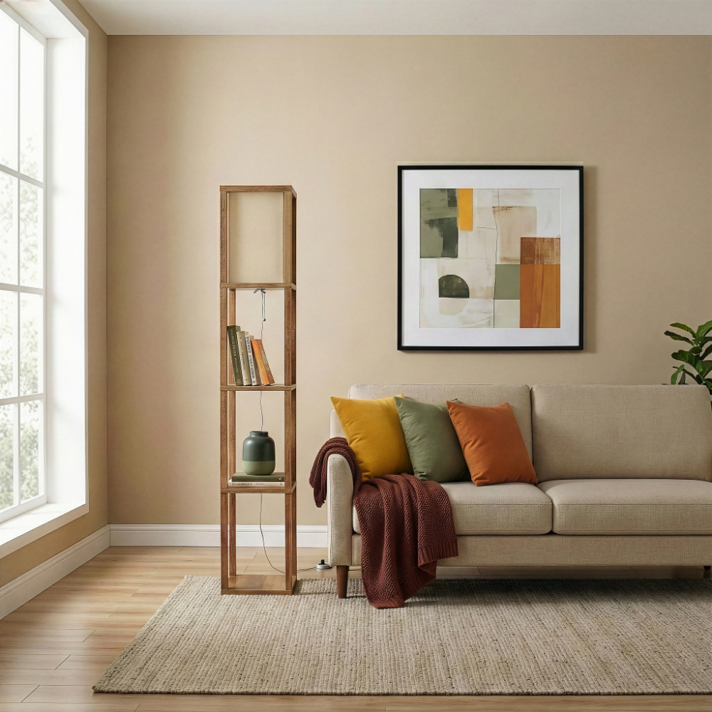 Pinnacle Shelf Floor Lamp | Natural Wood with Long Shade | Ashcroft Imports Furniture