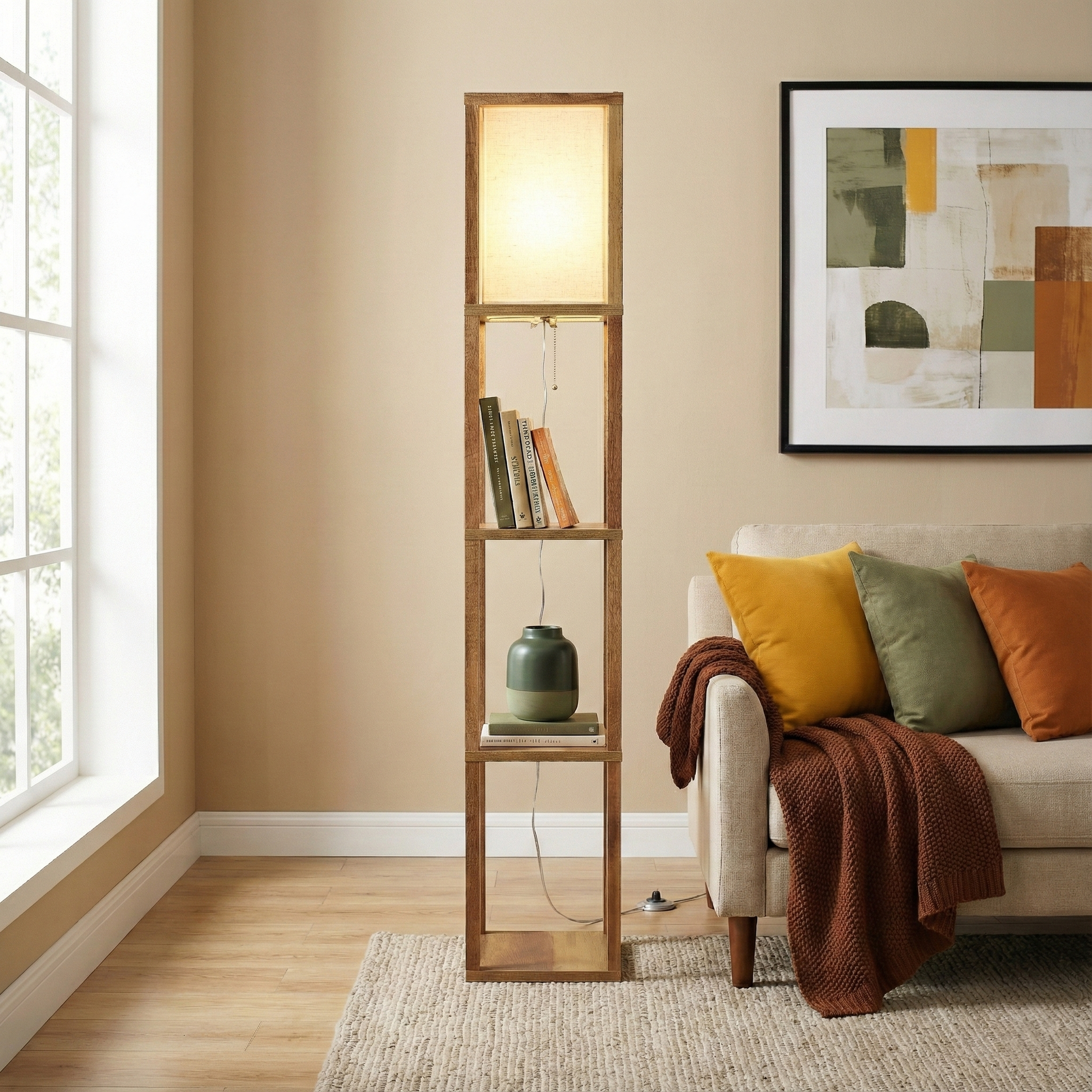 Pinnacle Shelf Floor Lamp | Natural Wood with Long Shade | Ashcroft Imports Furniture