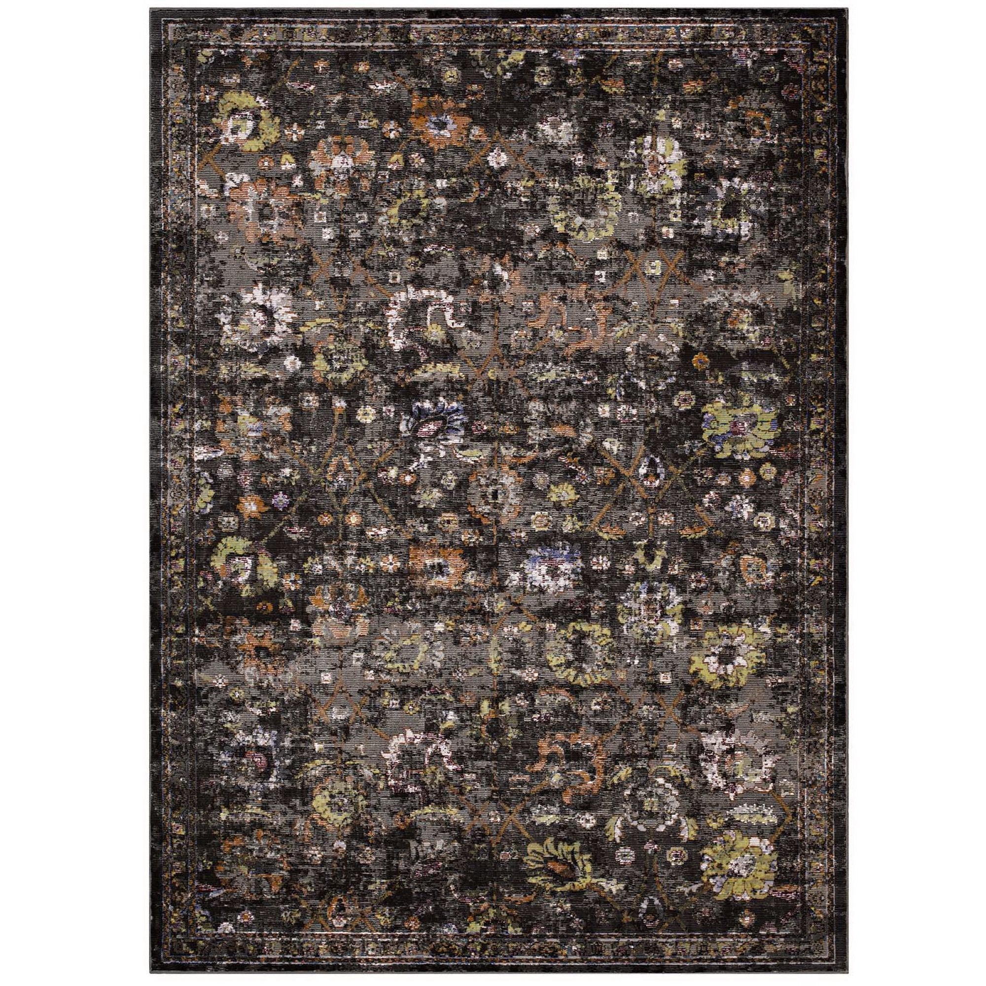 Minu Distressed Floral Lattice 4x6 Area Rug - Black Yellow and Orange