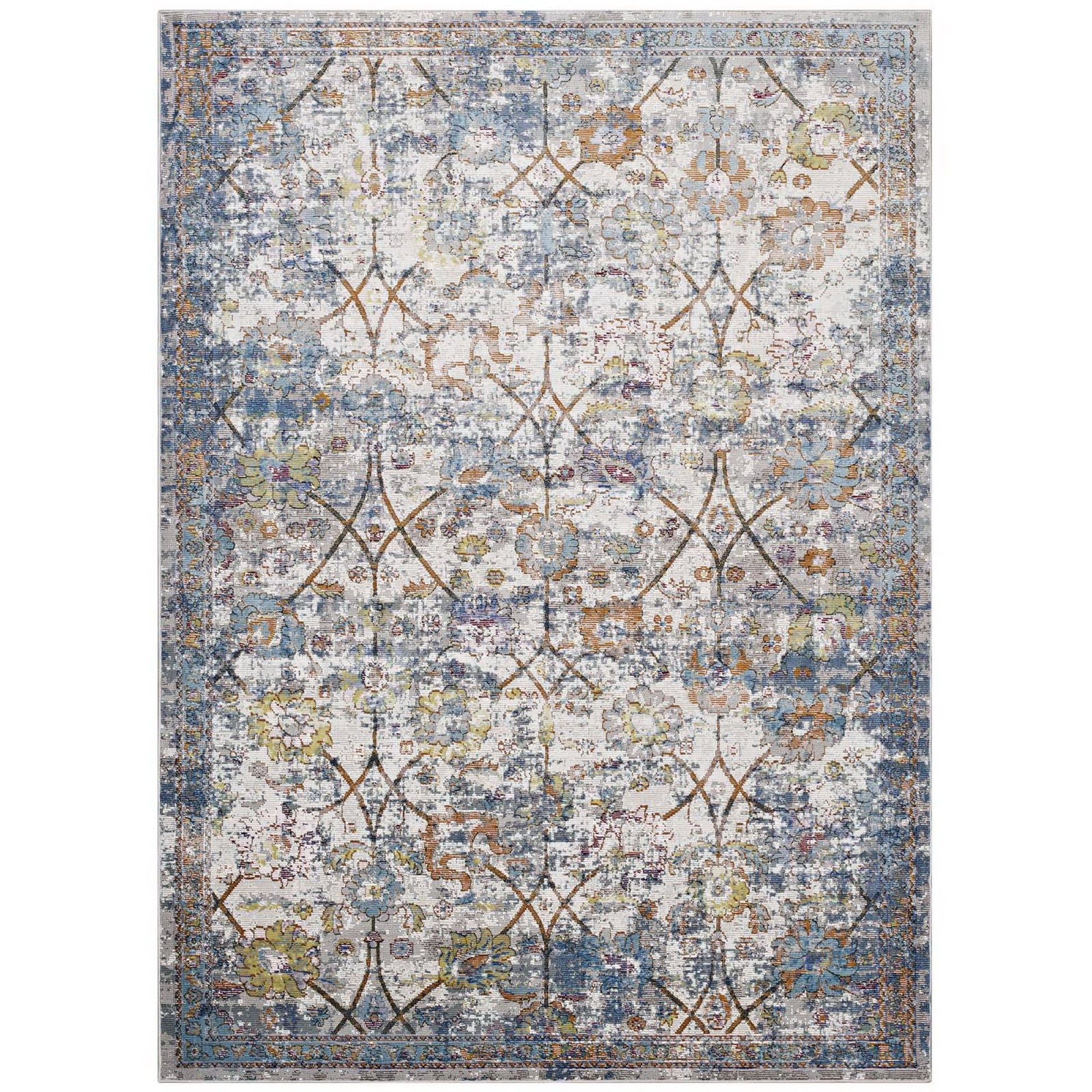 Minu Distressed Floral Lattice 5x8 Area Rug - Light Blue Yellow and Orange