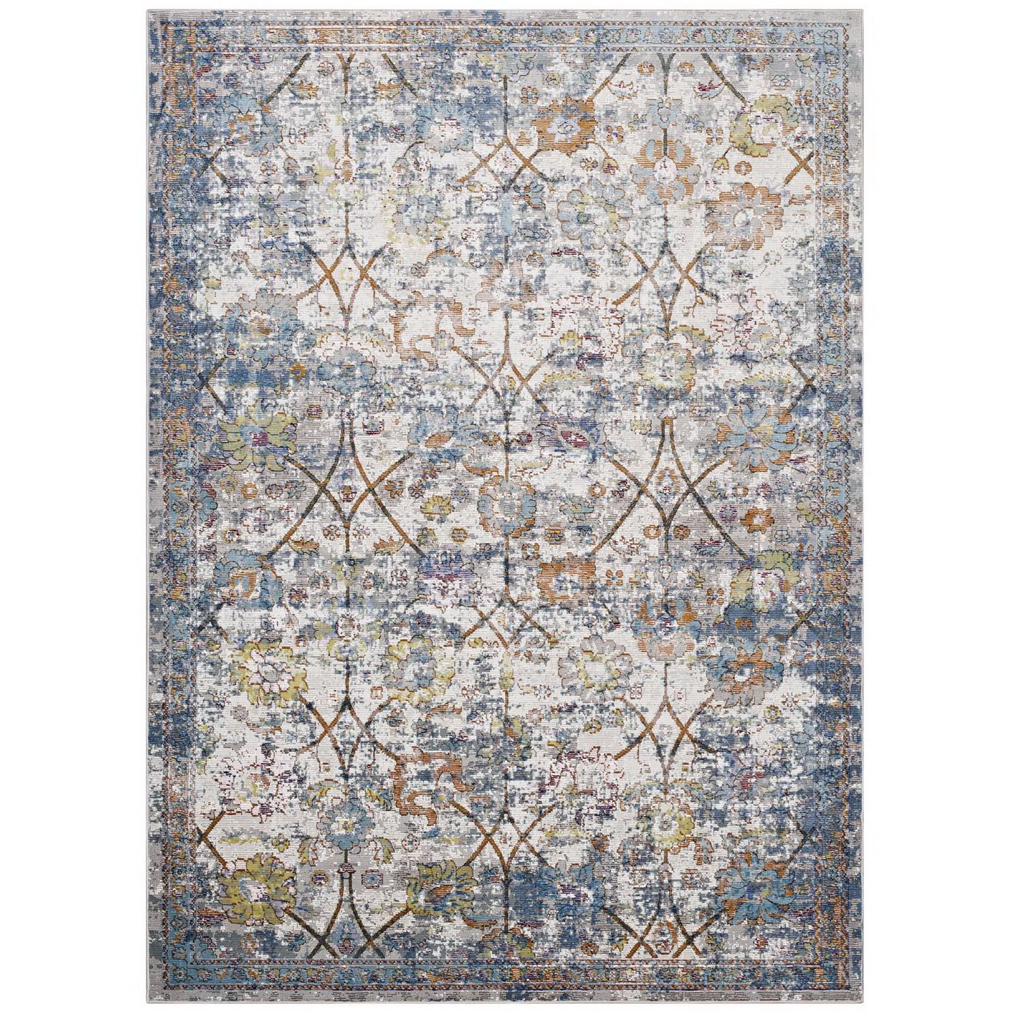 Minu Distressed Floral Lattice 5x8 Area Rug - Light Blue Yellow and Orange