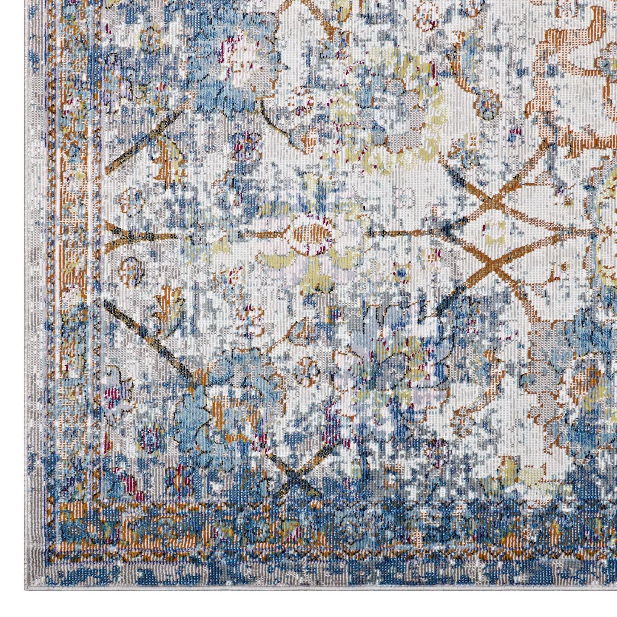Minu Distressed Floral Lattice 5x8 Area Rug - Blue Gray Yellow and Orange