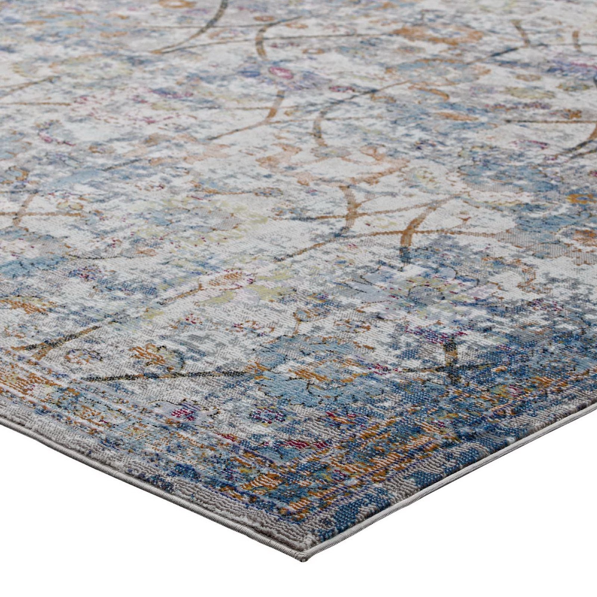 Minu Distressed Floral Lattice 5x8 Area Rug - Dark Blue Yellow and Orange