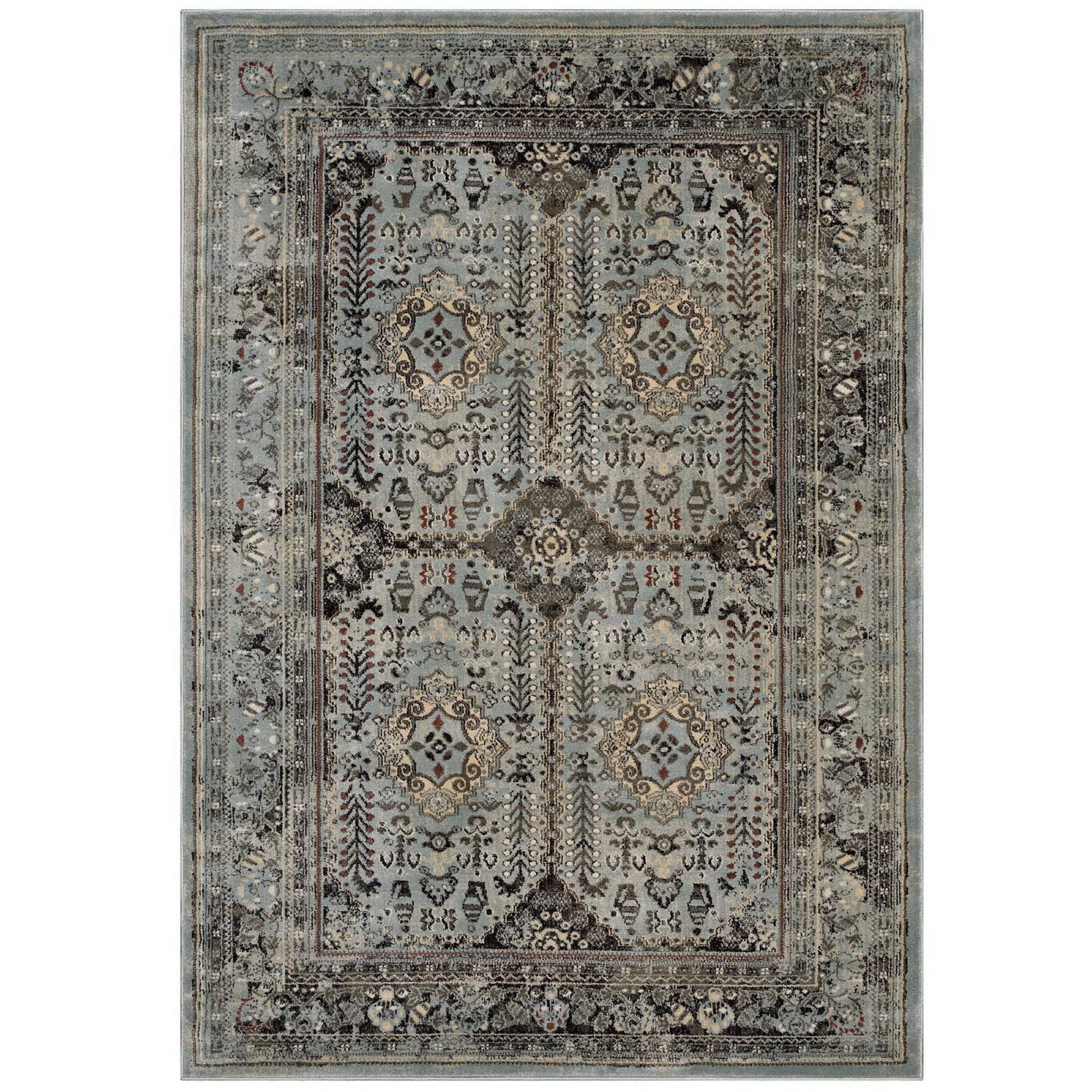 Enye Distressed Vintage Floral Lattice 5x8 Area Rug - Brown and Silver Blue