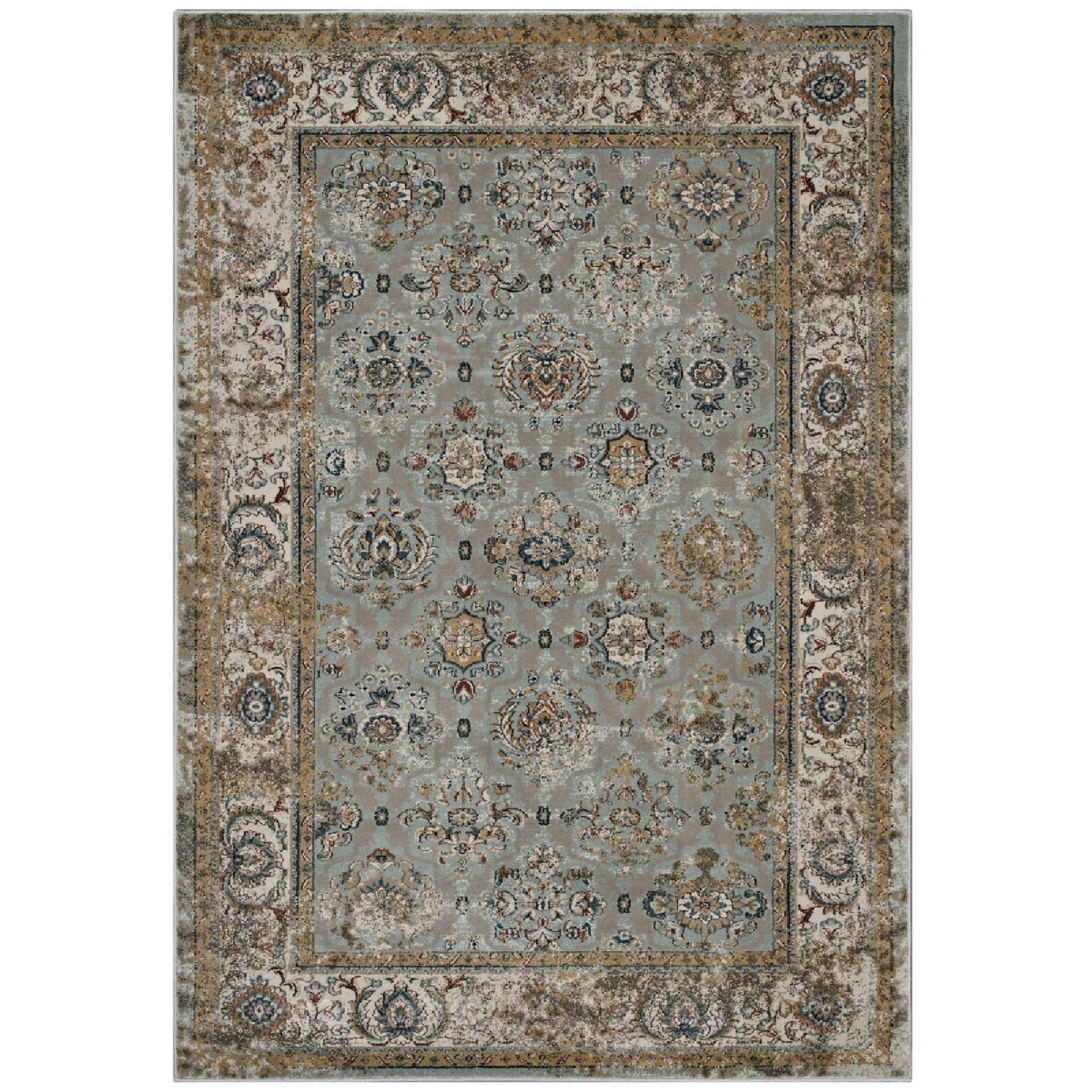 Hisa Distressed Vintage Floral Lattice 5x8 Area Rug - Silver Blue Beige and Brown