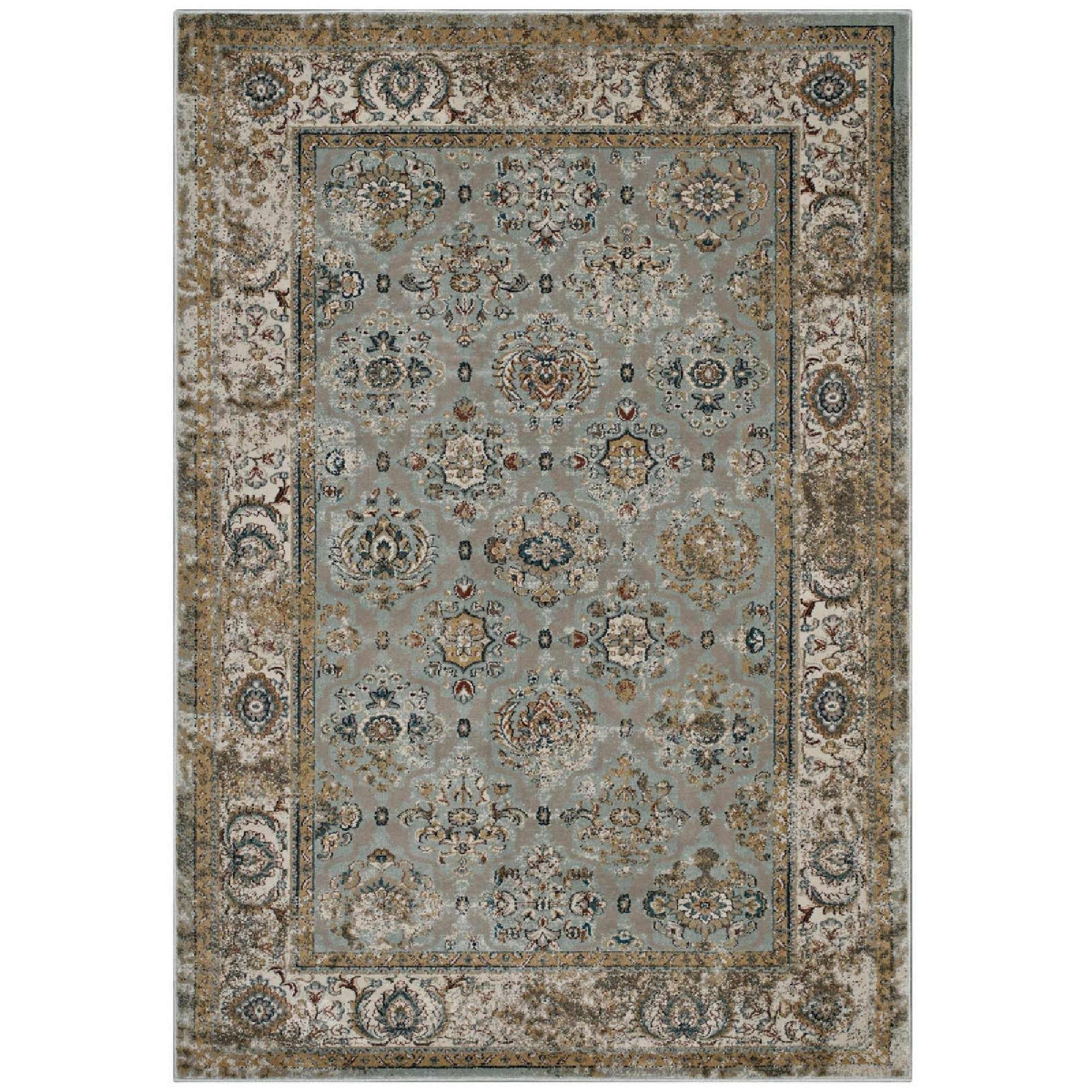 Hisa Distressed Vintage Floral Lattice 5x8 Area Rug - Silver Blue Beige and Brown