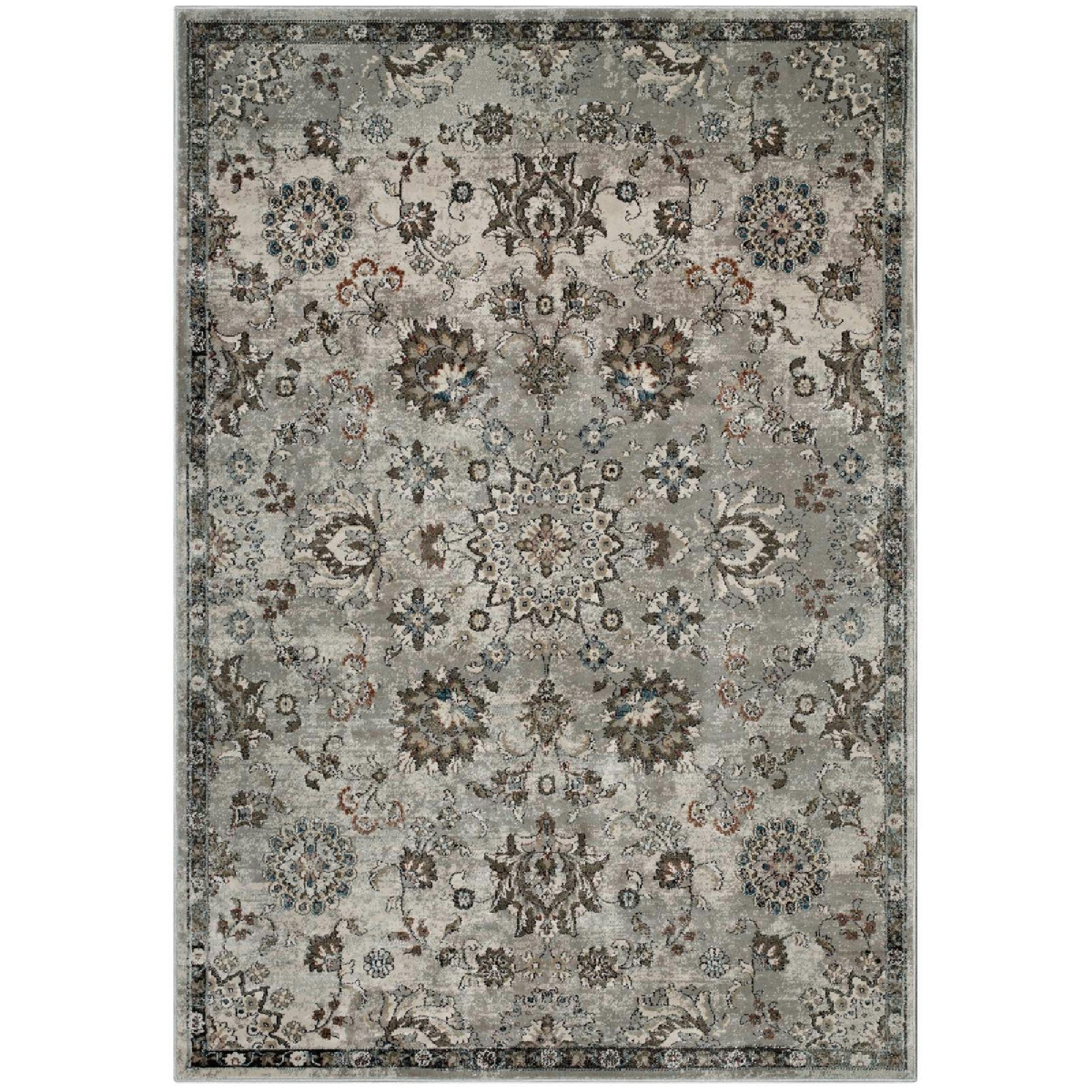 Hana Distressed Vintage Floral Lattice 5x8 Area Rug - Silver Blue Beige and Brown