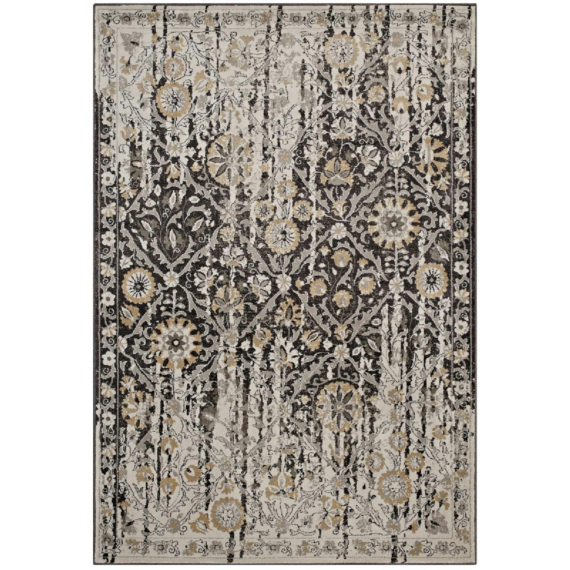Ganesa Distressed Diamond Floral Lattice 5x8 Area Rug - Black and Beige