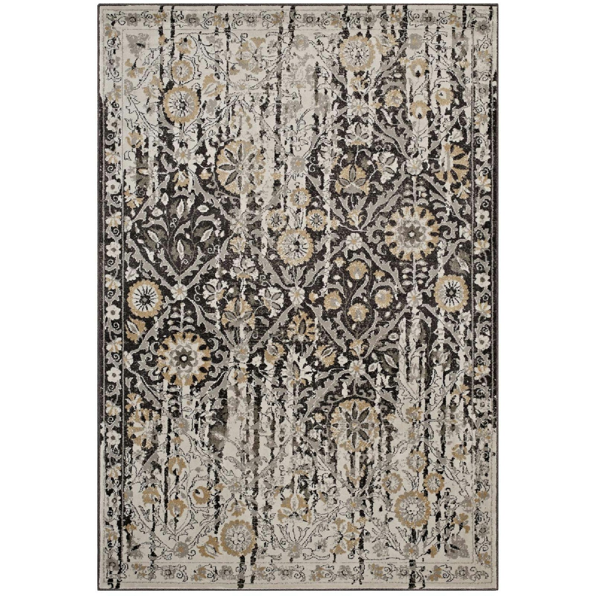 Ganesa Distressed Diamond Floral Lattice 8x10 Area Rug - Black and Beige