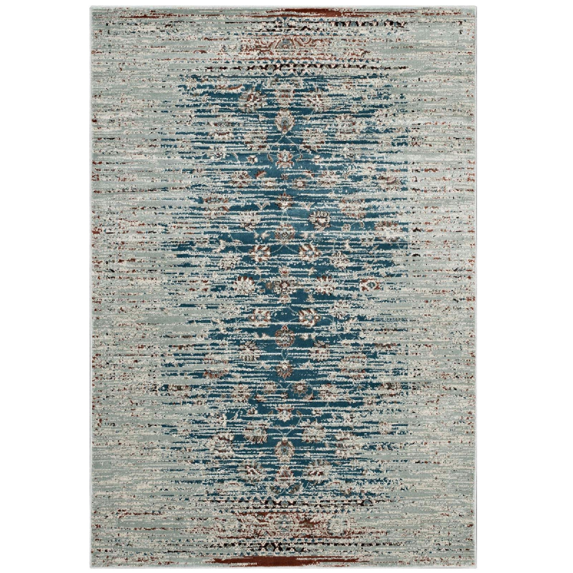 Hesper Distressed Contemporary Floral Lattice 5x8 Area Rug - Teal Beige and Brown