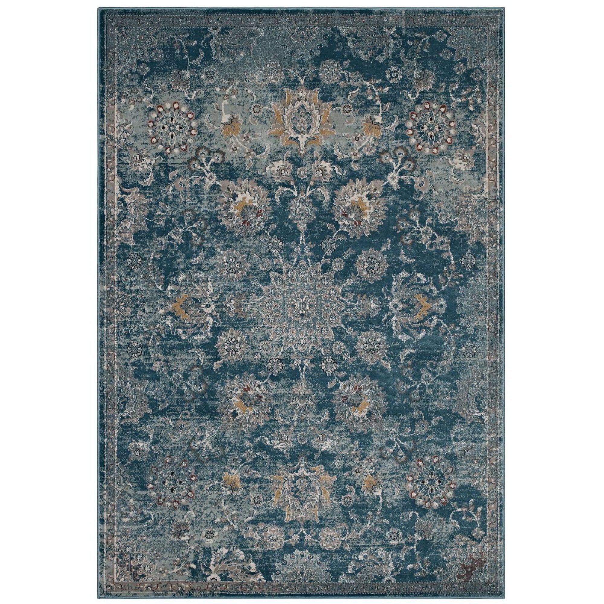 Cynara Distressed Floral Vintage Medallion 5x8 Area Rug - Silver Blue Teal and Beige