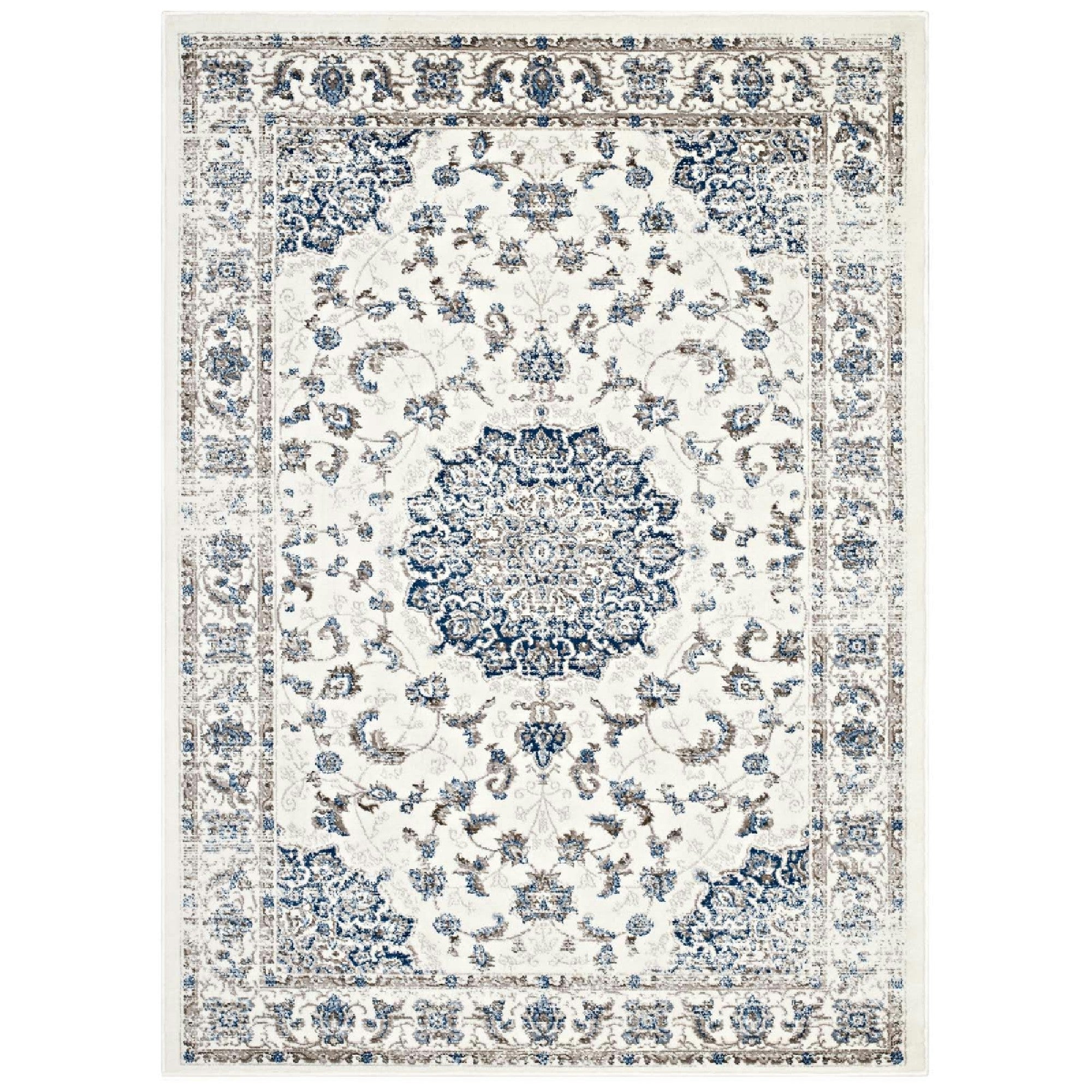 Lilja Distressed Vintage Medallion 5x8 Area Rug - Ivory and Moroccan Blue