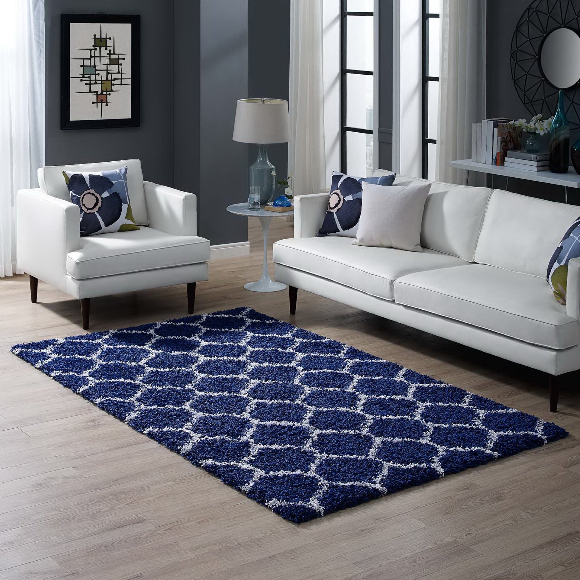 Solvea Moroccan Trellis 5x8 Shag Area Rug - Aqua Blue and Ivory