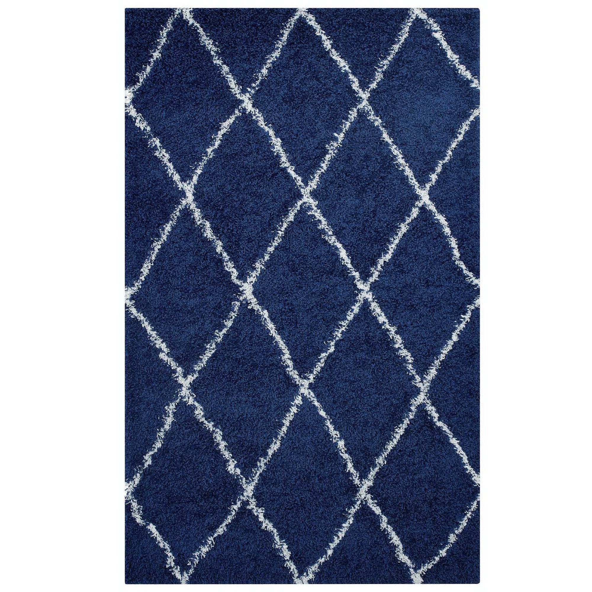 Toryn Diamond Lattice 5x8 Shag Area Rug - Navy and Ivory