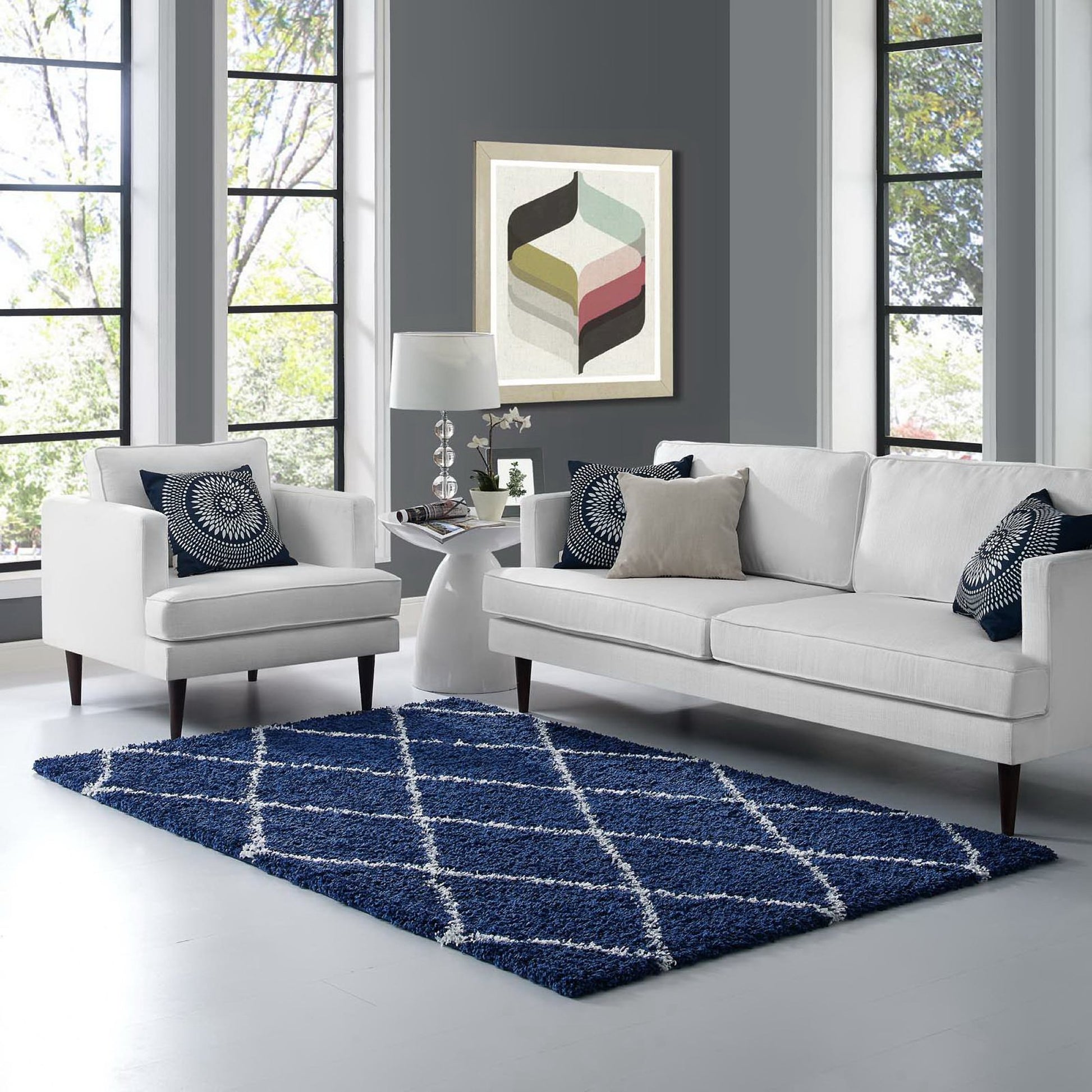 Toryn Diamond Lattice 5x8 Shag Area Rug - Beige and Ivory