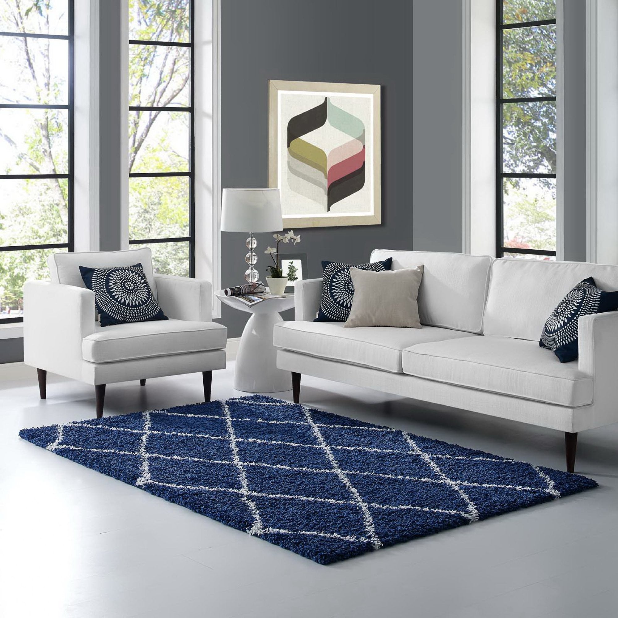 Toryn Diamond Lattice 5x8 Shag Area Rug - Beige and Ivory