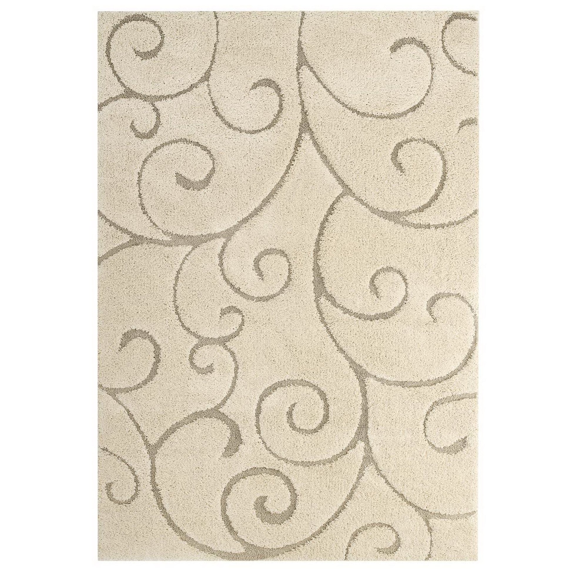 Jubilant Burgeon Scrolling Vine Shag 5x8 Area Rug - Creame and Beige