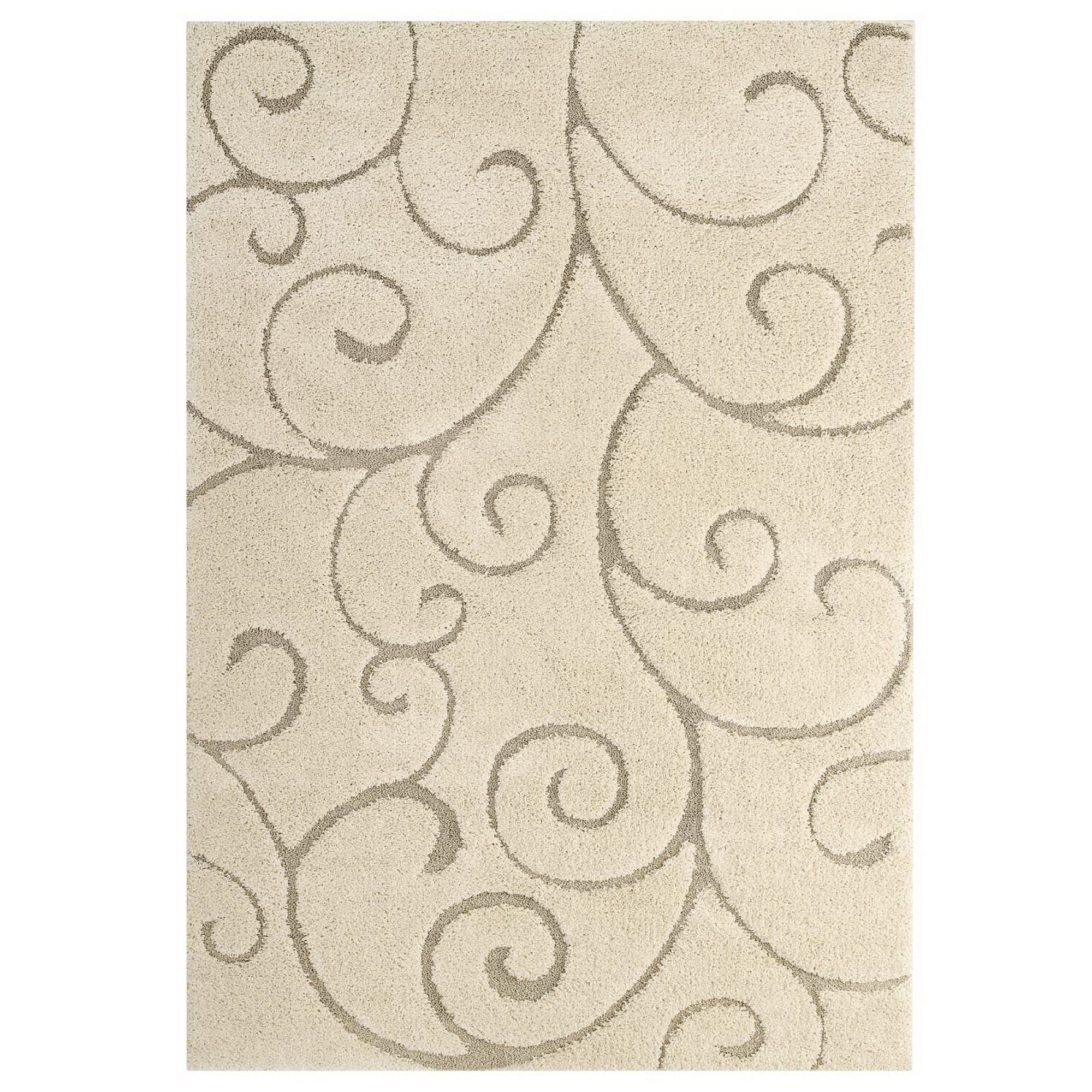 Jubilant Burgeon Scrolling Vine Shag 5x8 Area Rug - Creame and Beige