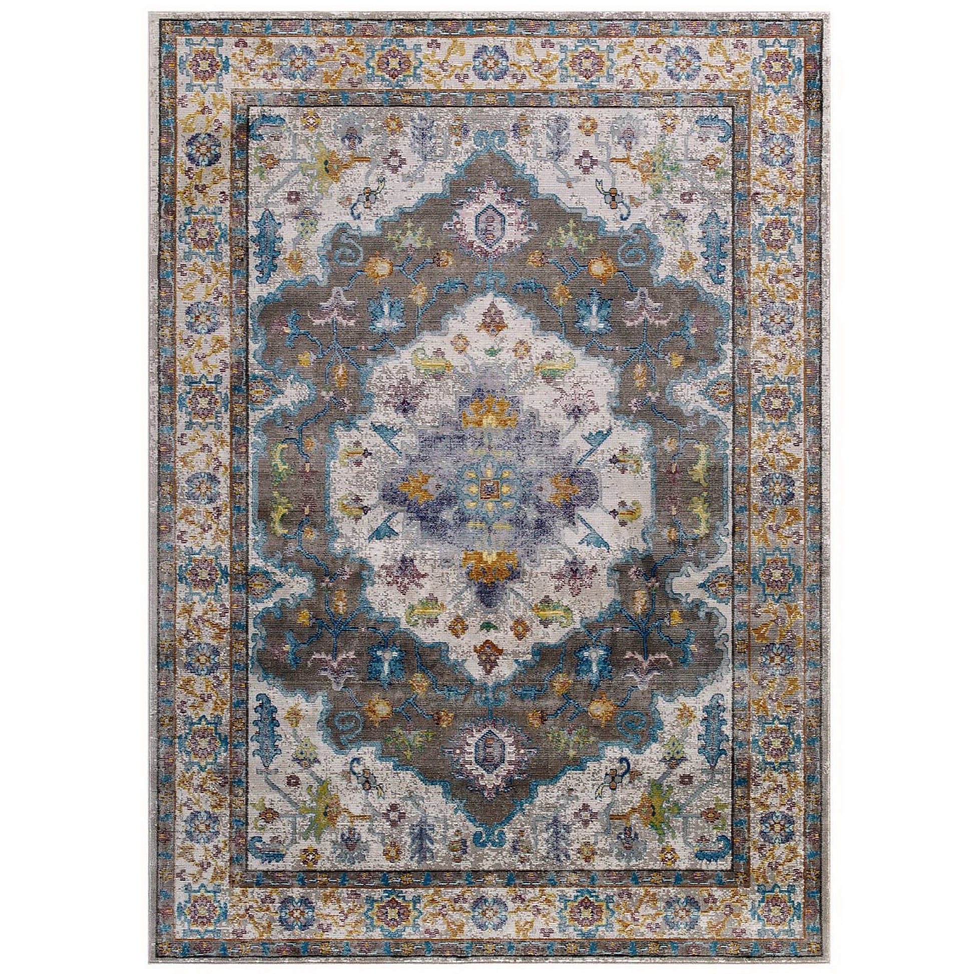 Success Anisah Distressed Floral Vintage Medallion 5x8 Area Rug - Gray Ivory Yellow Orange