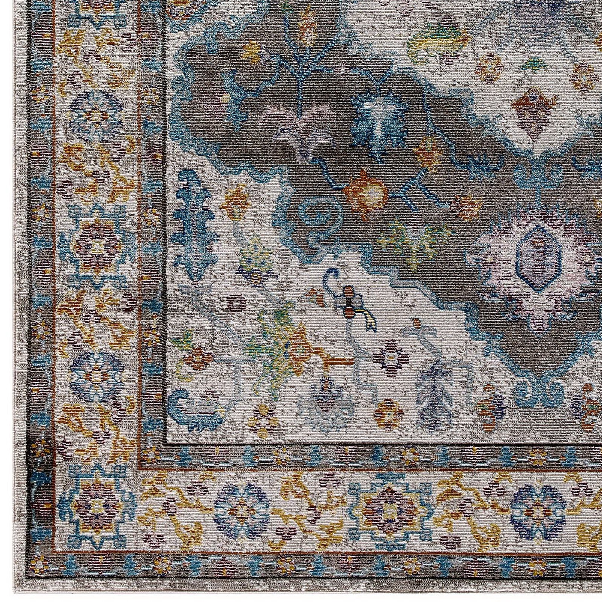 Success Anisah Distressed Floral Vintage Medallion 5x8 Area Rug - Light Blue Ivory Yellow Orange