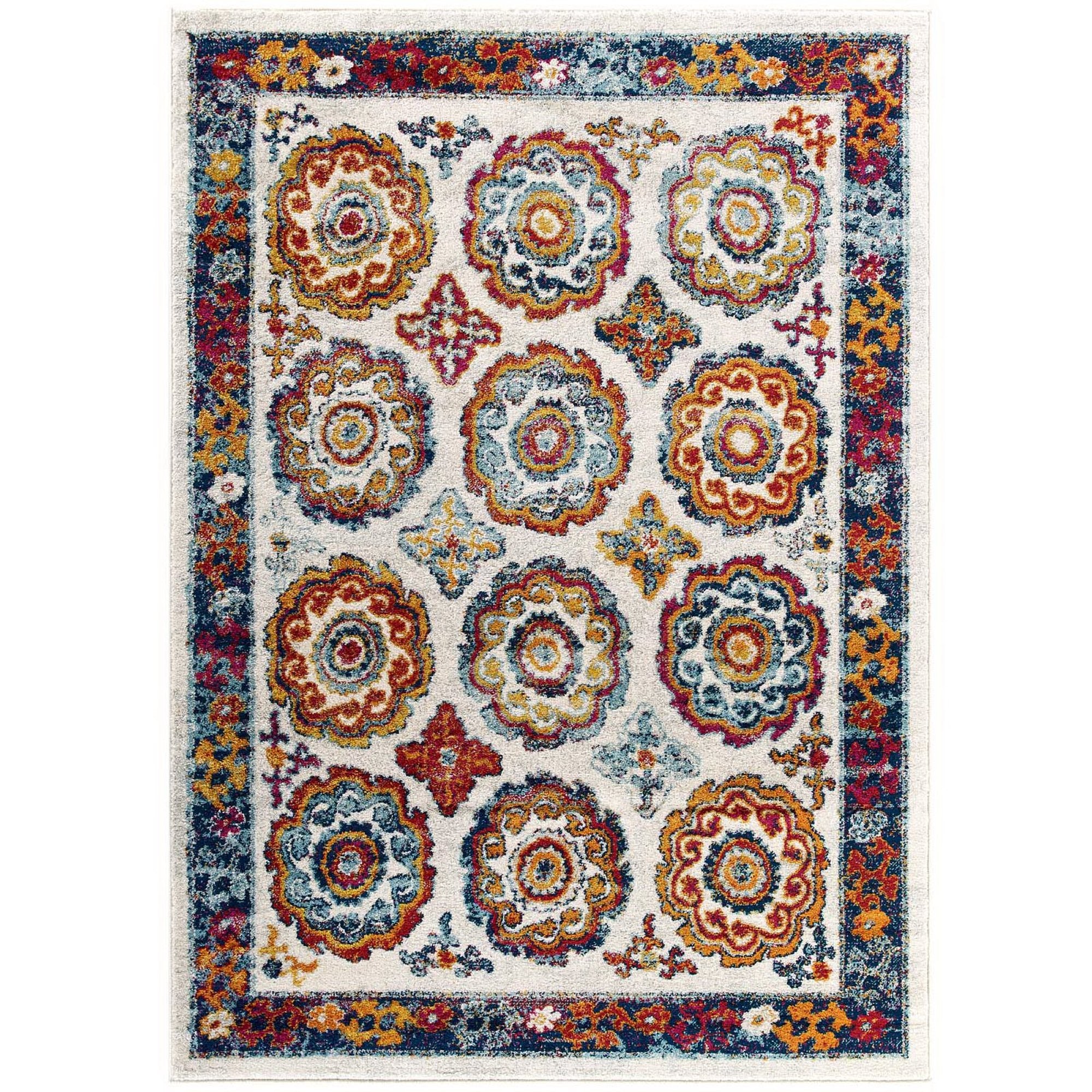 Entourage Odile Distressed Floral Moroccan Trellis 5x8 Area Rug - Ivory Blue Red Orange Yellow