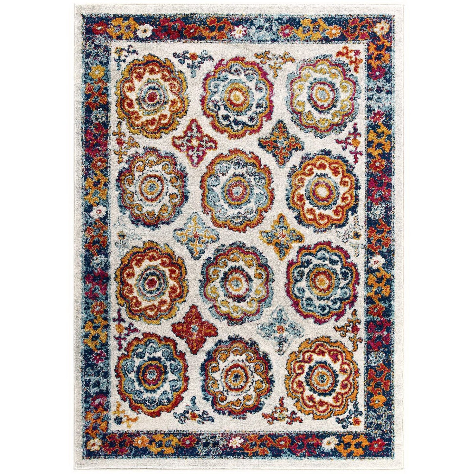 Entourage Odile Distressed Floral Moroccan Trellis 8x10 Area Rug - Ivory Blue Red Orange Yellow