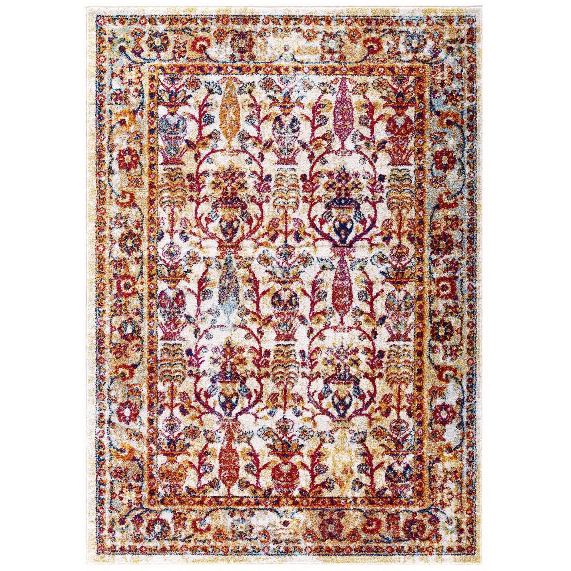 Entourage Jessa Distressed Vintage Floral Lattice 5x8 Area Rug - Ivory Blue Orange Yellow Red