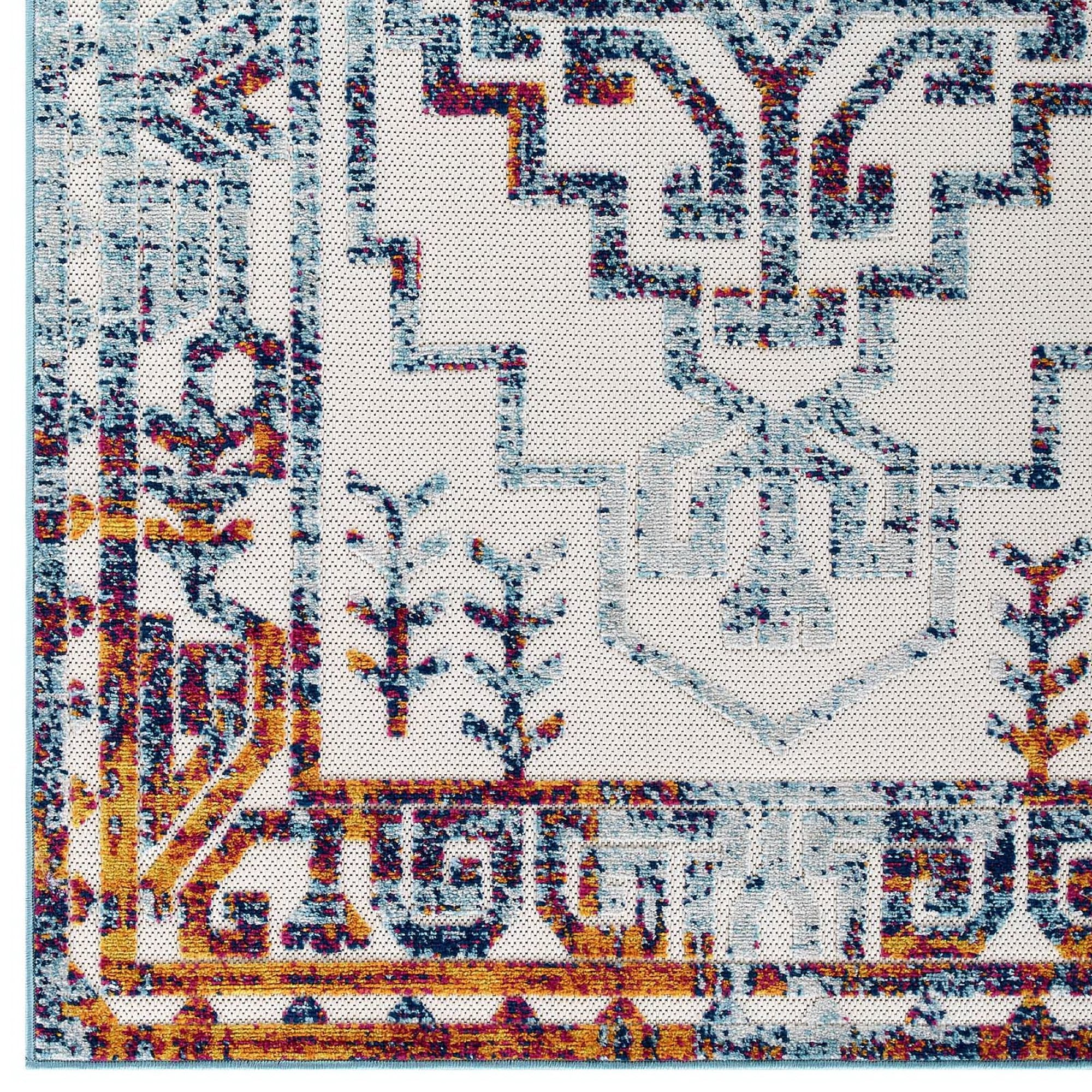 Reflect Nyssa Distressed Geometric Southwestern Aztec 5x8 Indoor/Outdoor Area Rug - Ivory and Blue