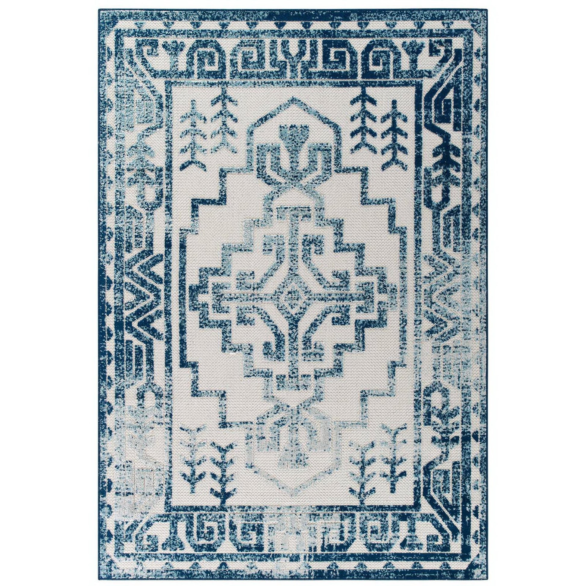 Reflect Nyssa Distressed Geometric Southwestern Aztec 8x10 Indoor/Outdoor Area Rug - Ivory and Blue