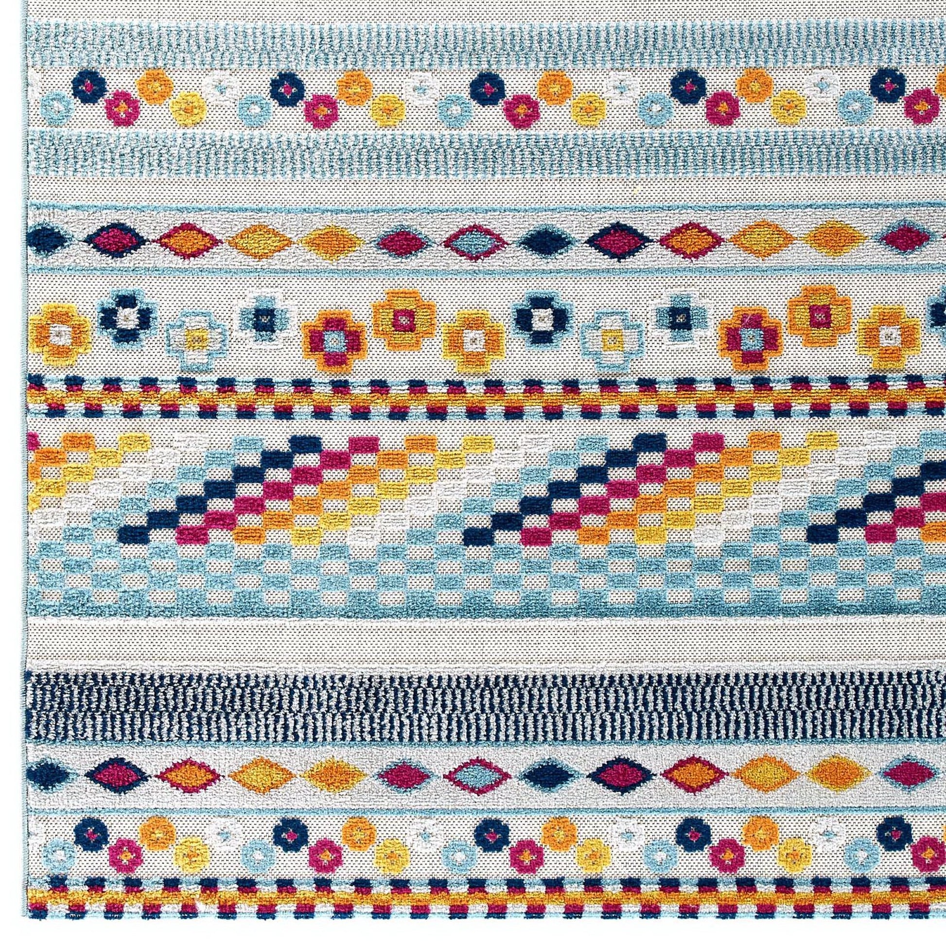 Reflect Cadhla Vintage Abstract Geometric Lattice 5x8 Indoor and Outdoor Area Rug - Ivory and Blue