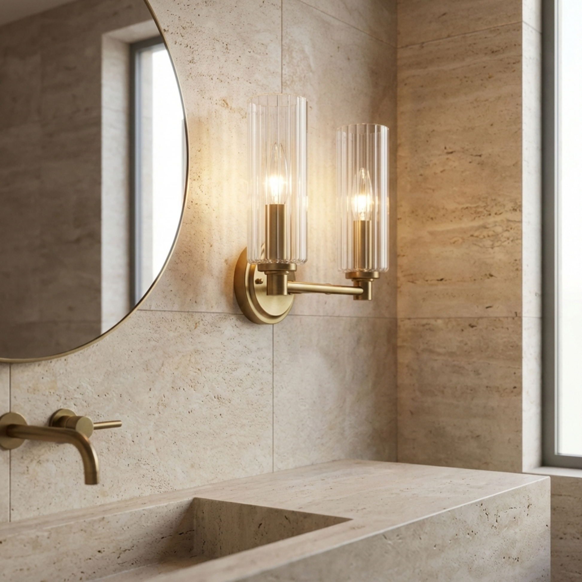 Regal Double Light Vanity | Satin Brass and Clear Ribbed Glass