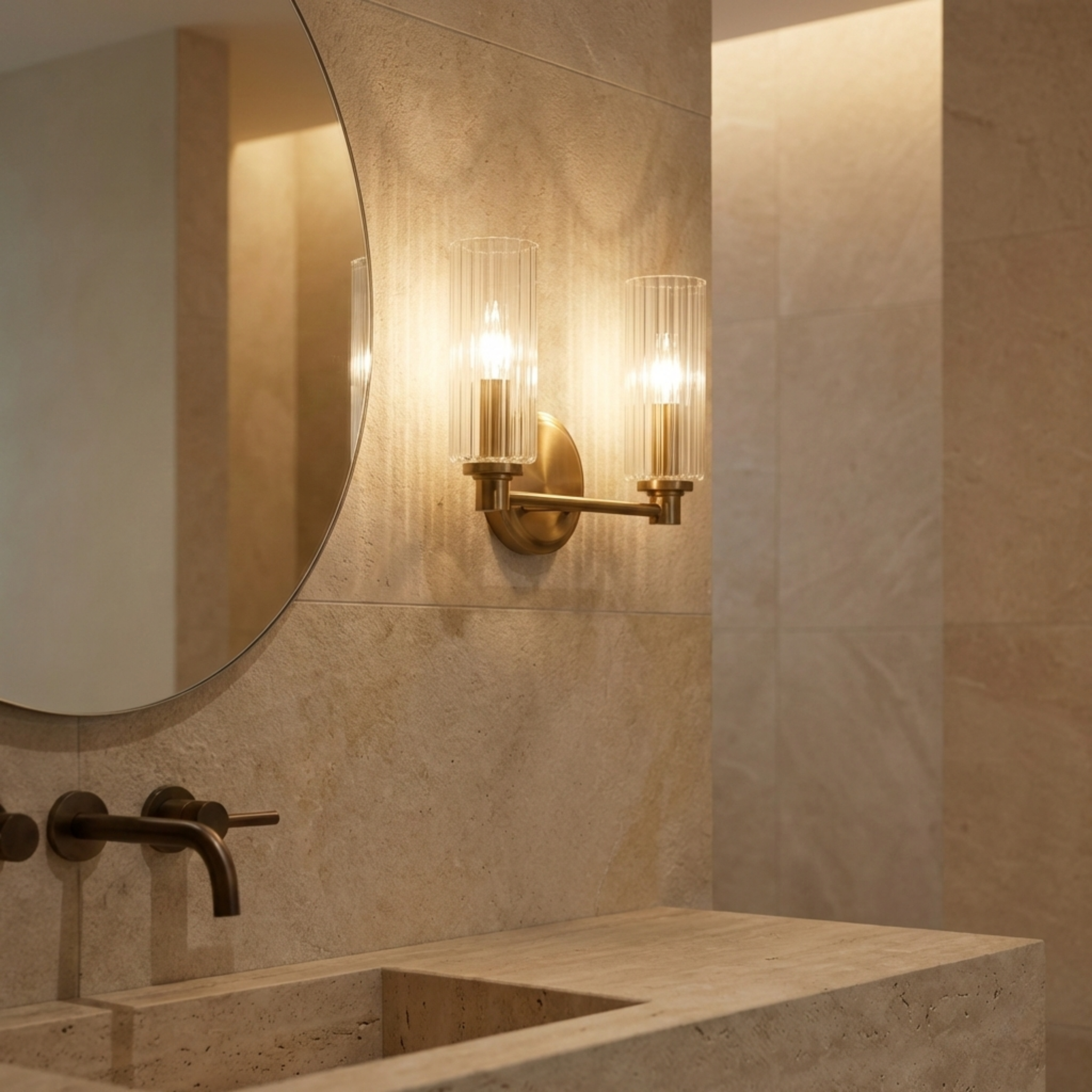Regal Double Light Vanity | Satin Brass and Clear Ribbed Glass