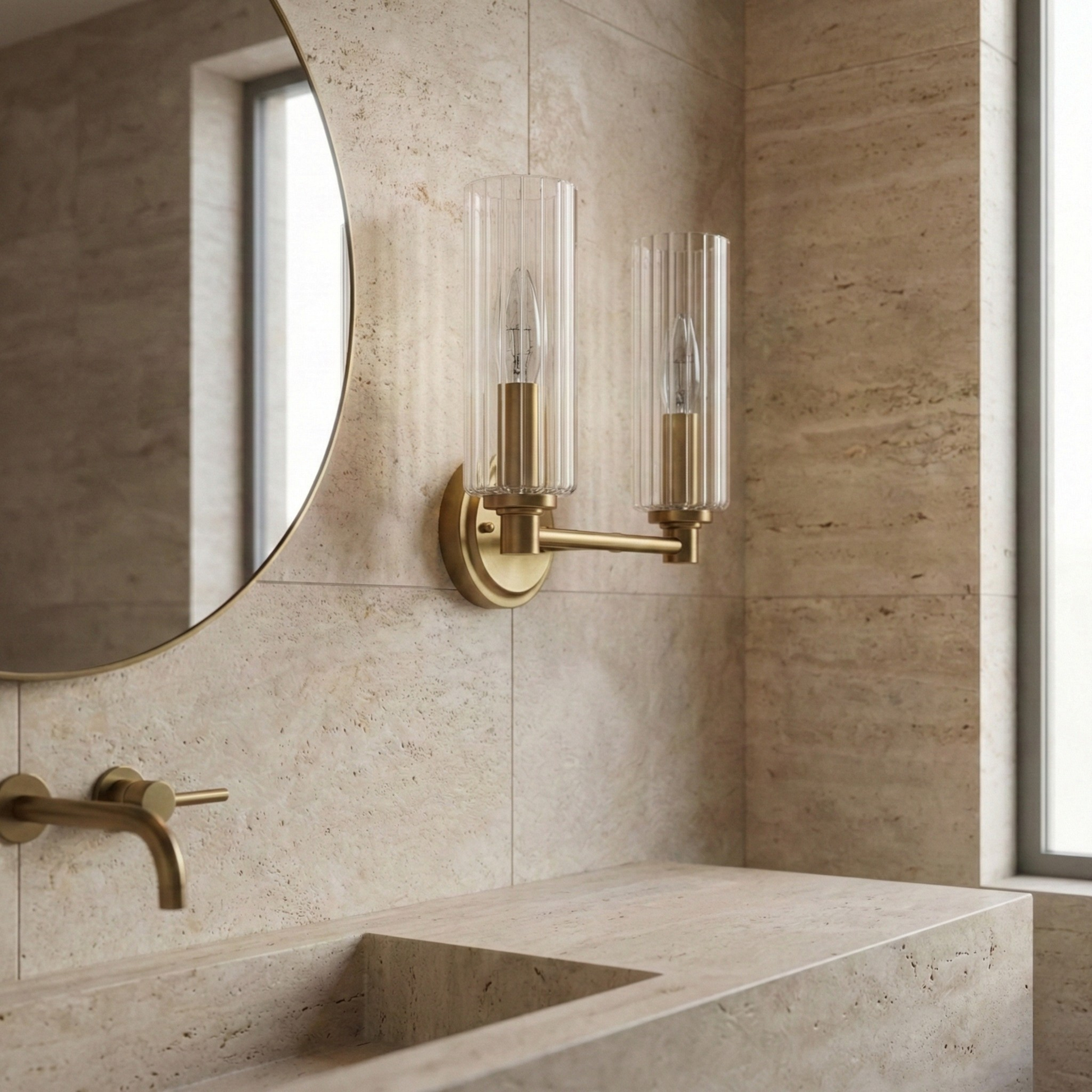 Regal Double Light Vanity | Satin Brass and Clear Ribbed Glass