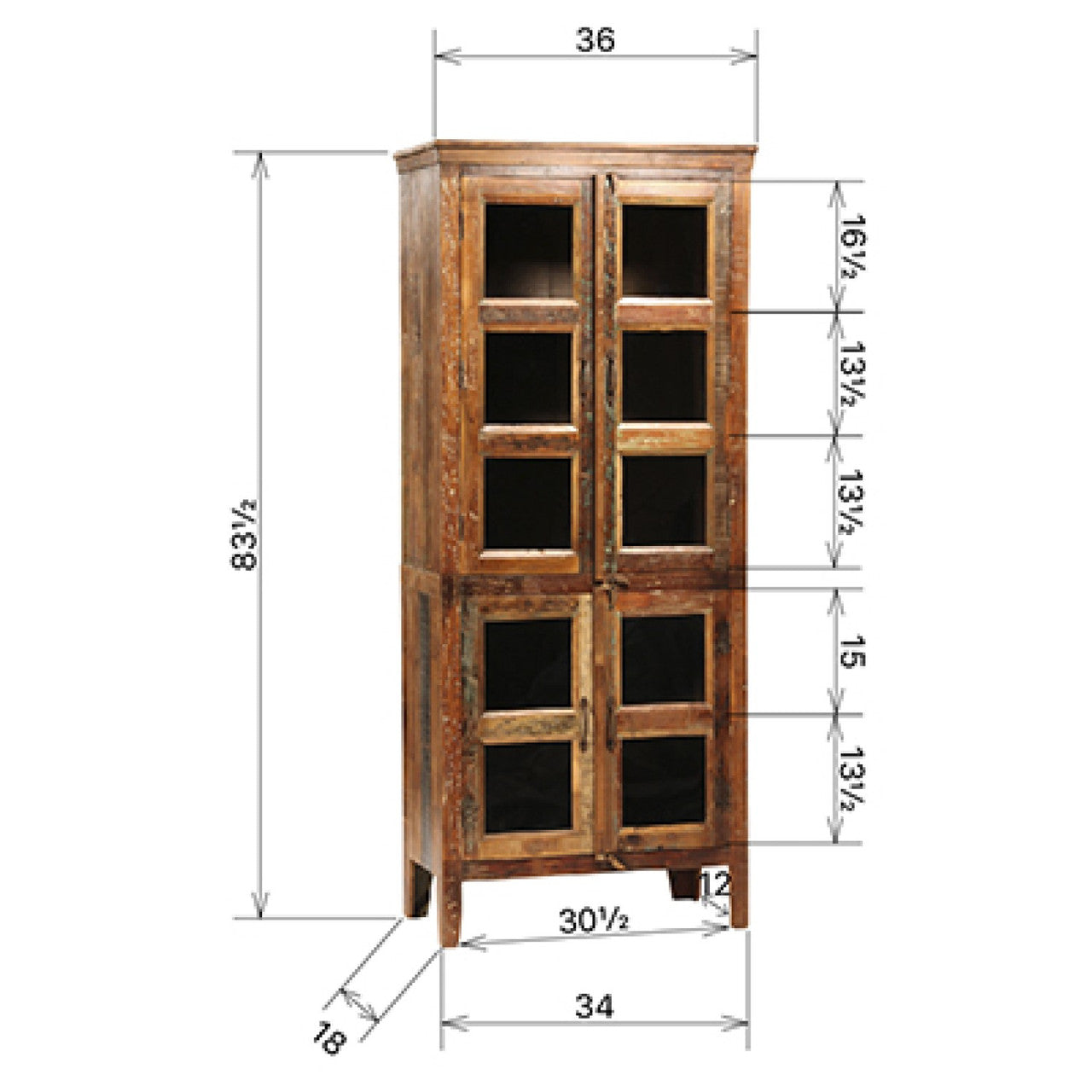 Vintage Reclaimed Wood Hutch with Glass Doors