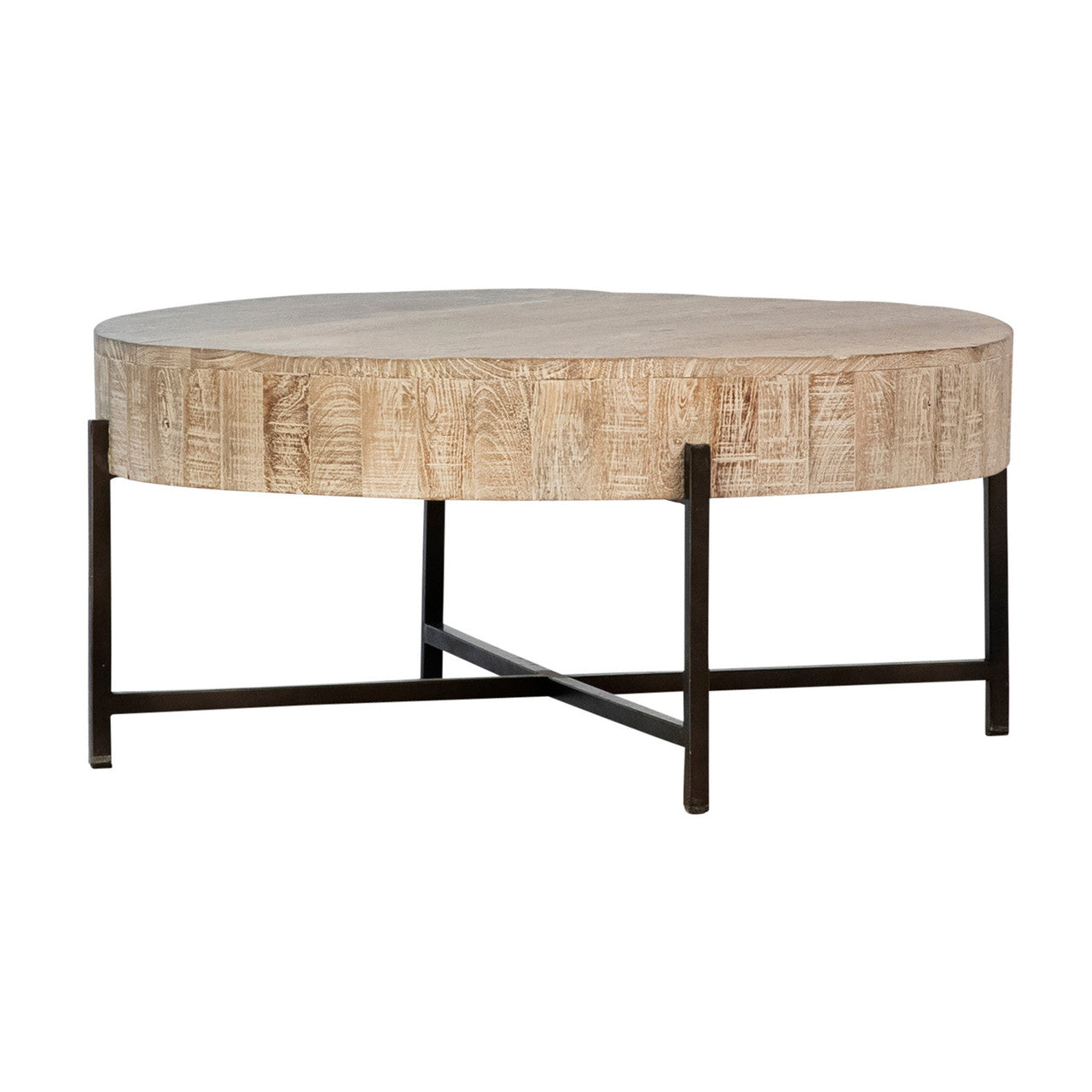 Krunle Reclaimed Mango Wood Coffee Table in Light Warm Wash Finish with Black Iron Base