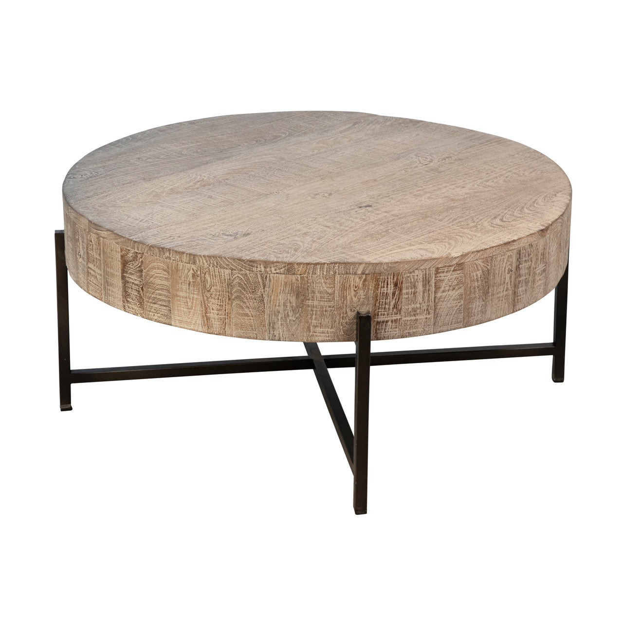 Krunle Reclaimed Mango Wood Coffee Table in Light Warm Wash Finish with Black Iron Base