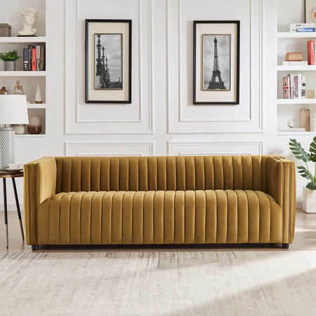 Dominic Channel Tufted Velvet Sofa - Yellow - 85"