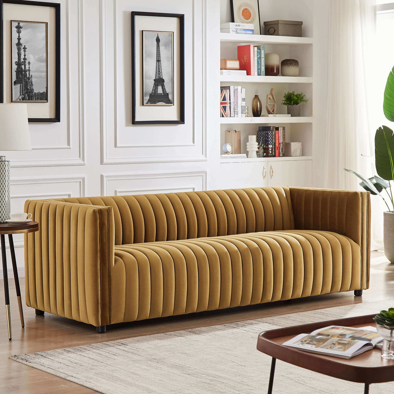 Dominic Channel Tufted Velvet Sofa - Yellow
