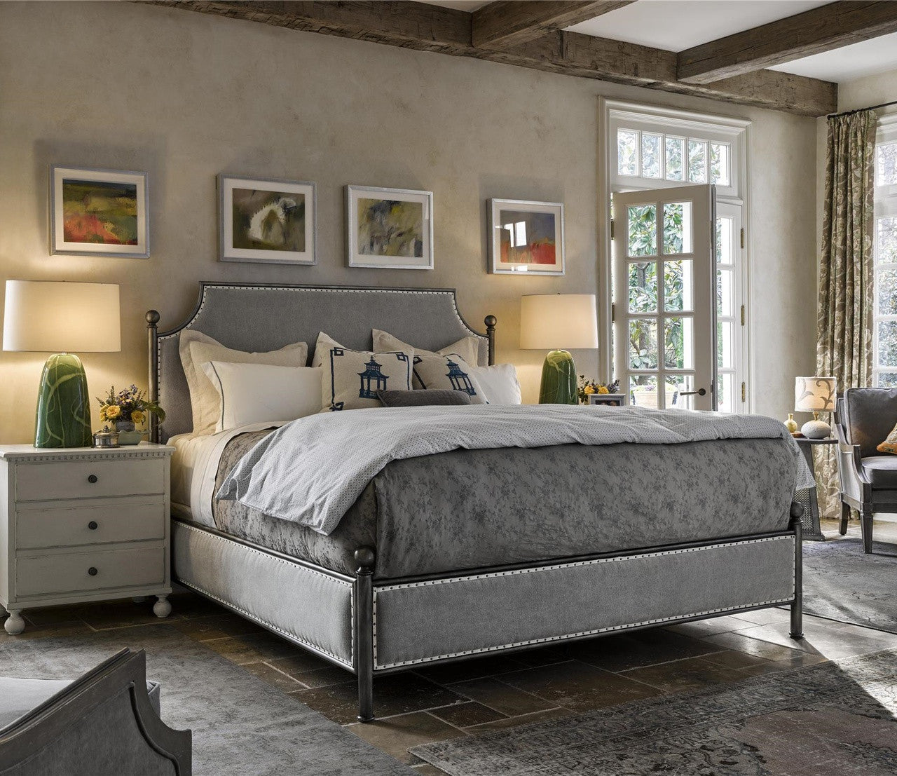Sojourn Respite Grey Linen Upholstered King Wrought Iron Poster Bed