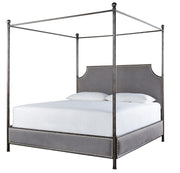 Sojourn Respite Grey Linen Upholstered King Iron Canopy Bed