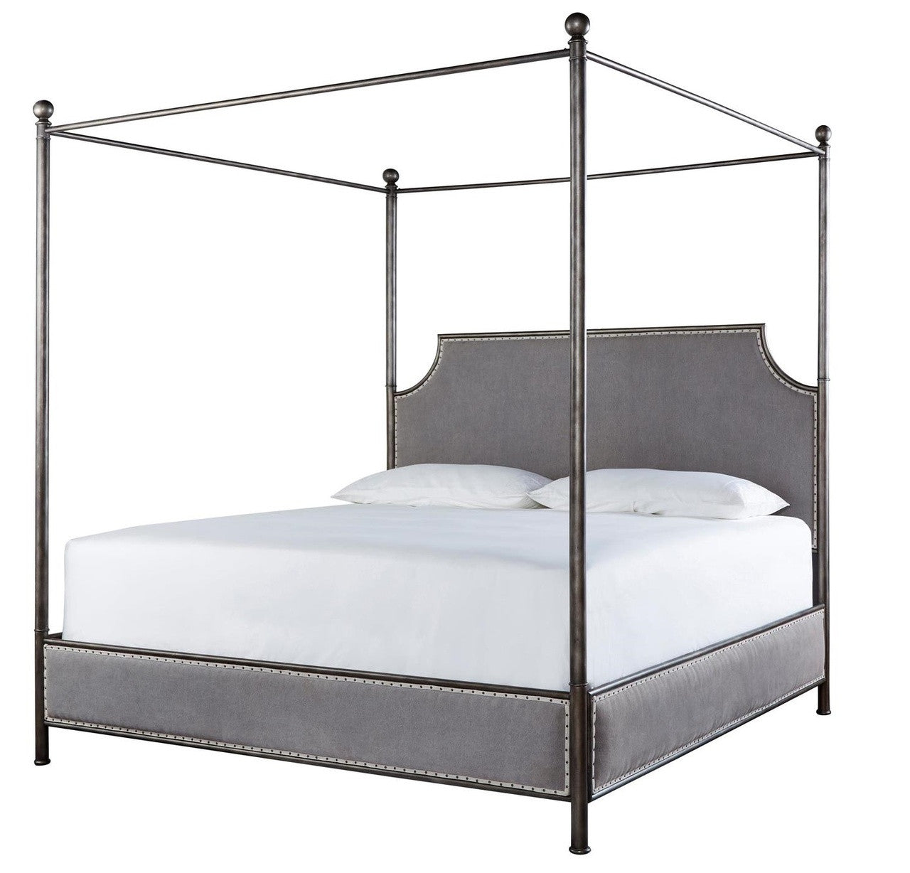 Sojourn Respite Grey Linen Upholstered King Iron Canopy Bed