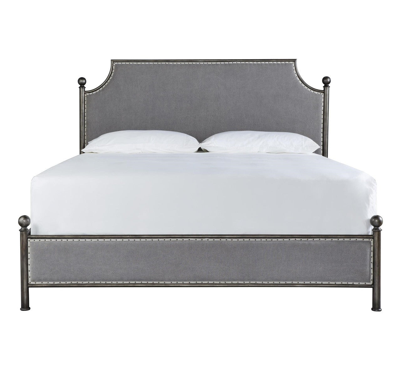 Sojourn Respite Grey Linen Upholstered King Metal Poster Bed