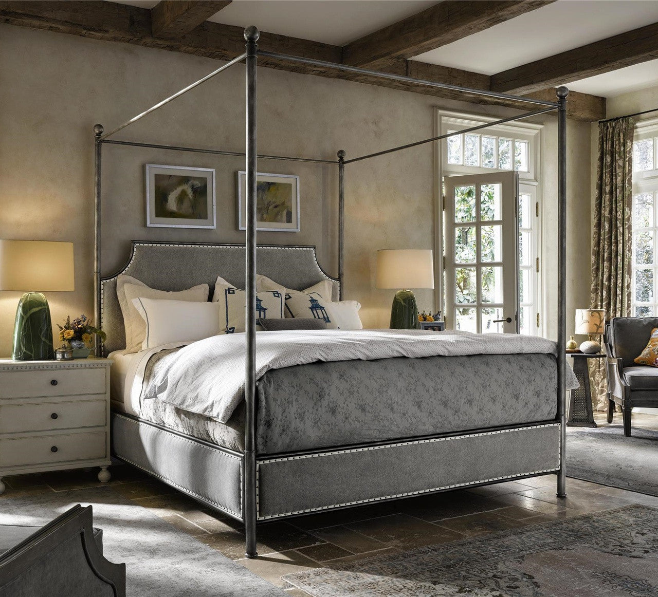 Sojourn Respite Grey Linen Upholstered King Metal Canopy Bed