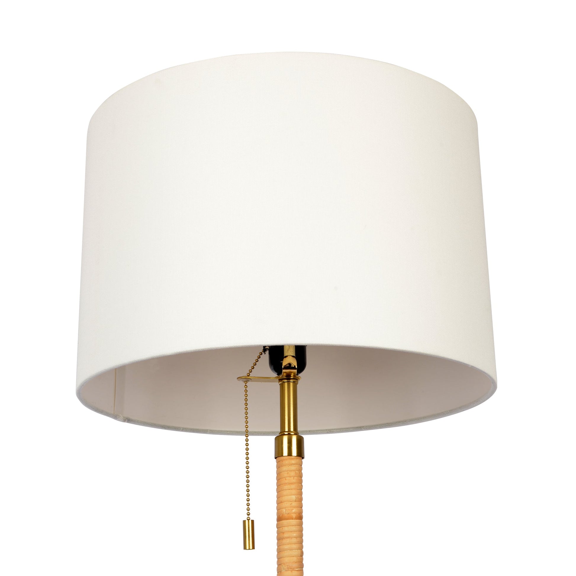 Stellar Wood and Rattan Floor Lamp | Gold Brass Accents and White Linen Shade