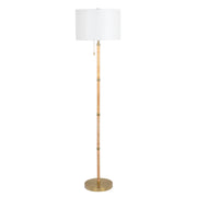 Stellar Wood and Rattan Floor Lamp | Gold Brass Accents and White Linen Shade