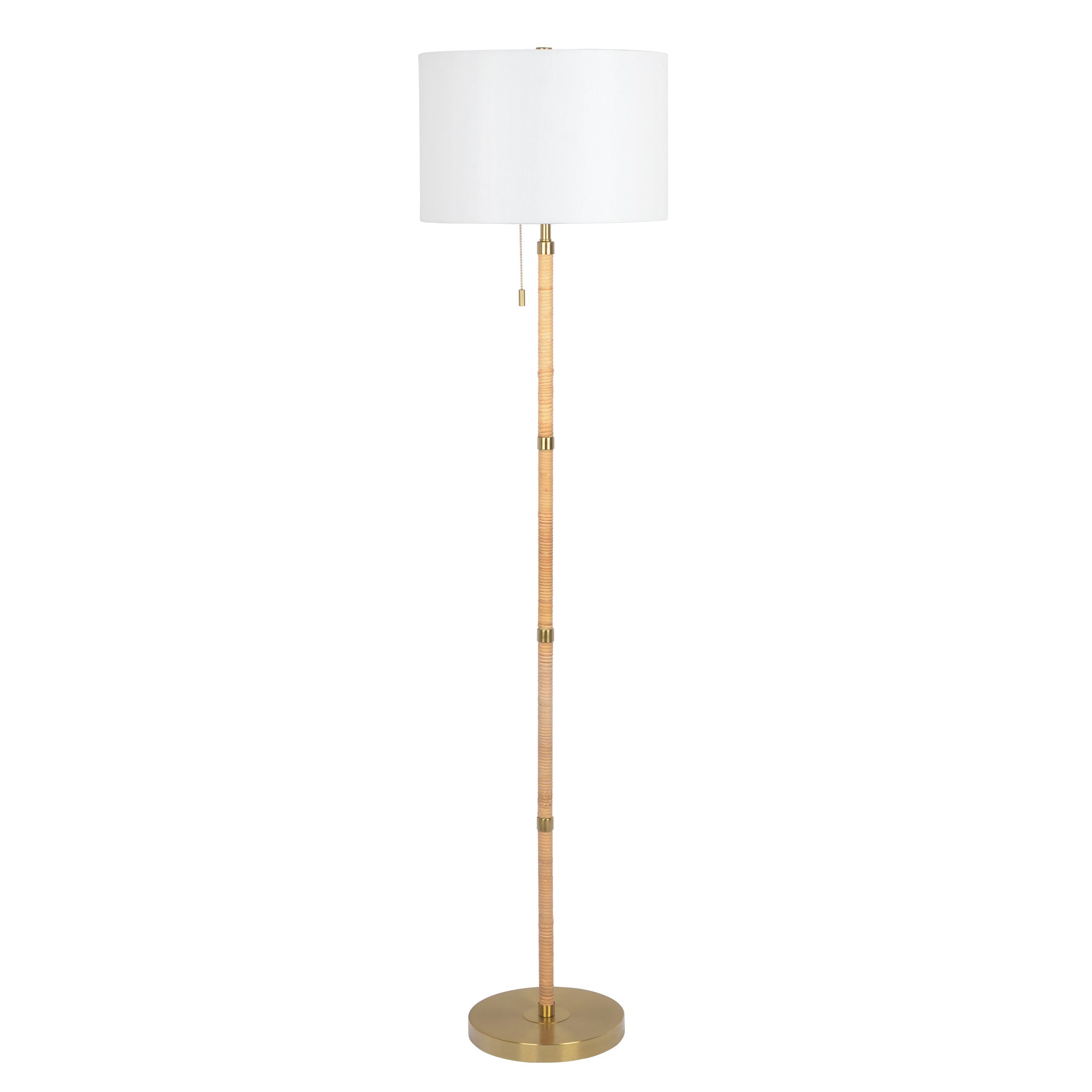 Stellar Wood and Rattan Floor Lamp | Gold Brass Accents and White Linen Shade