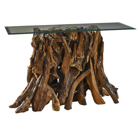Teak Root Console Table with Glass Top